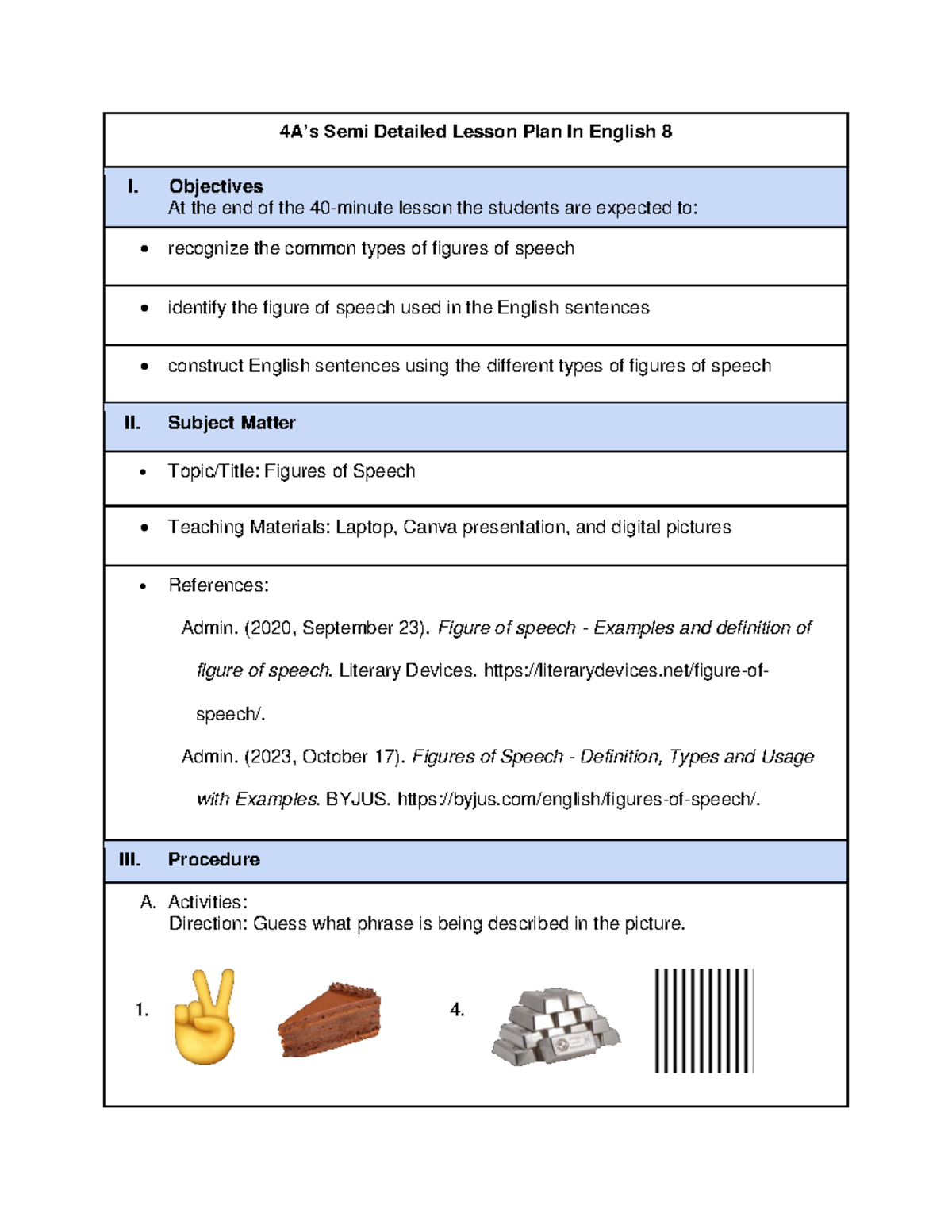 ISA 4A Semi Detailed Lesson Plan: Figures of Speech in English 8 - Studocu