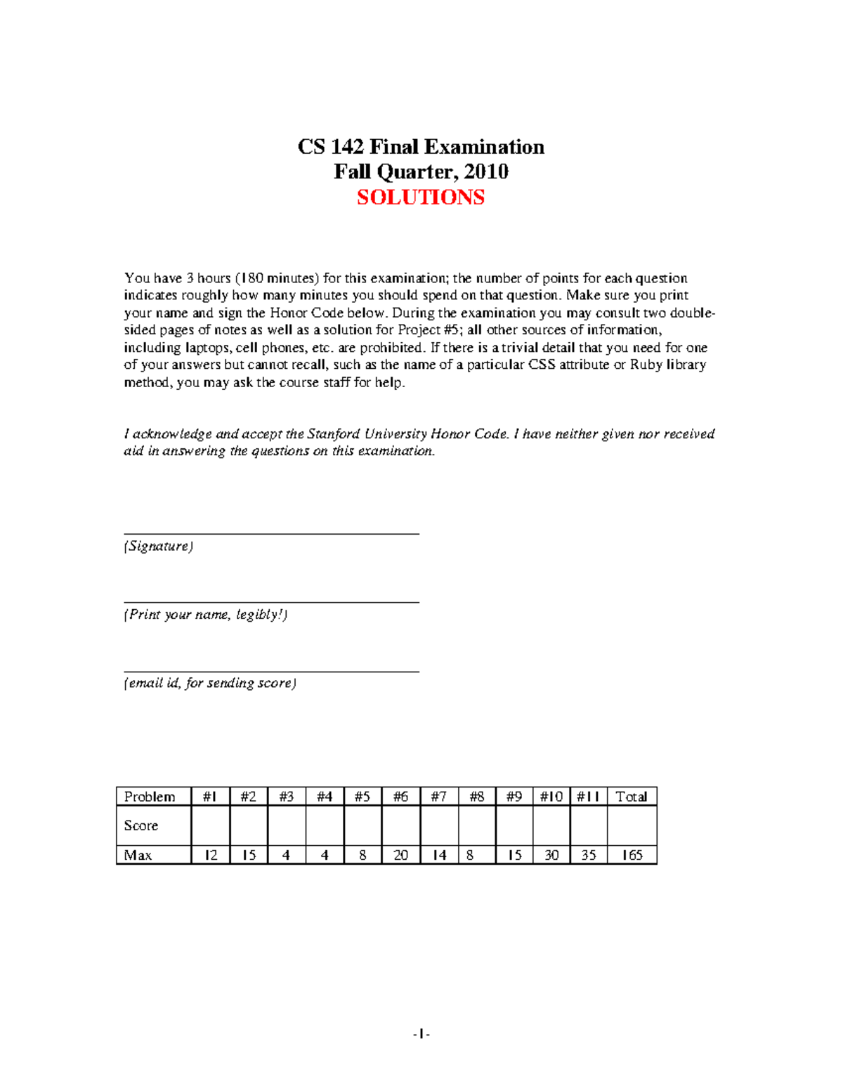 CS 142 Final Exam Solutions - Fall Quarter 2010 - Studocu