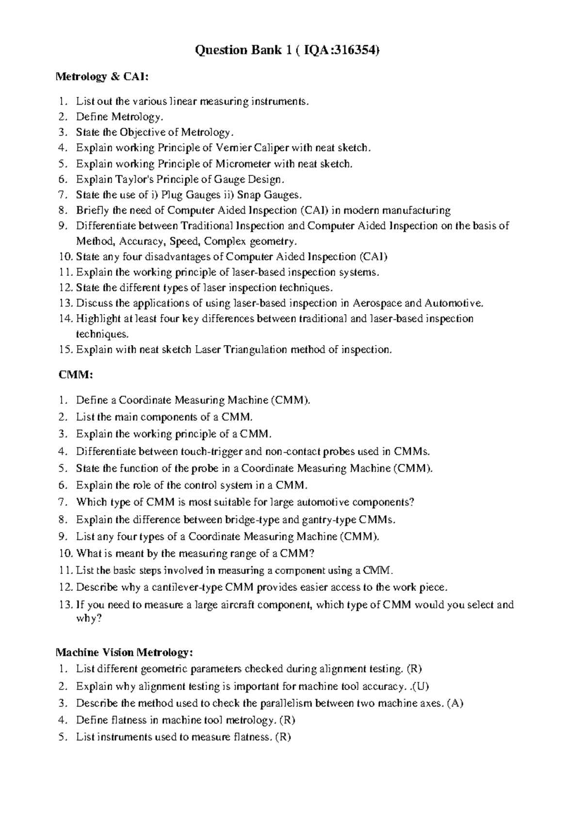 Question Bank 1 (IQA:316354) on Metrology and CAI Techniques - Studocu