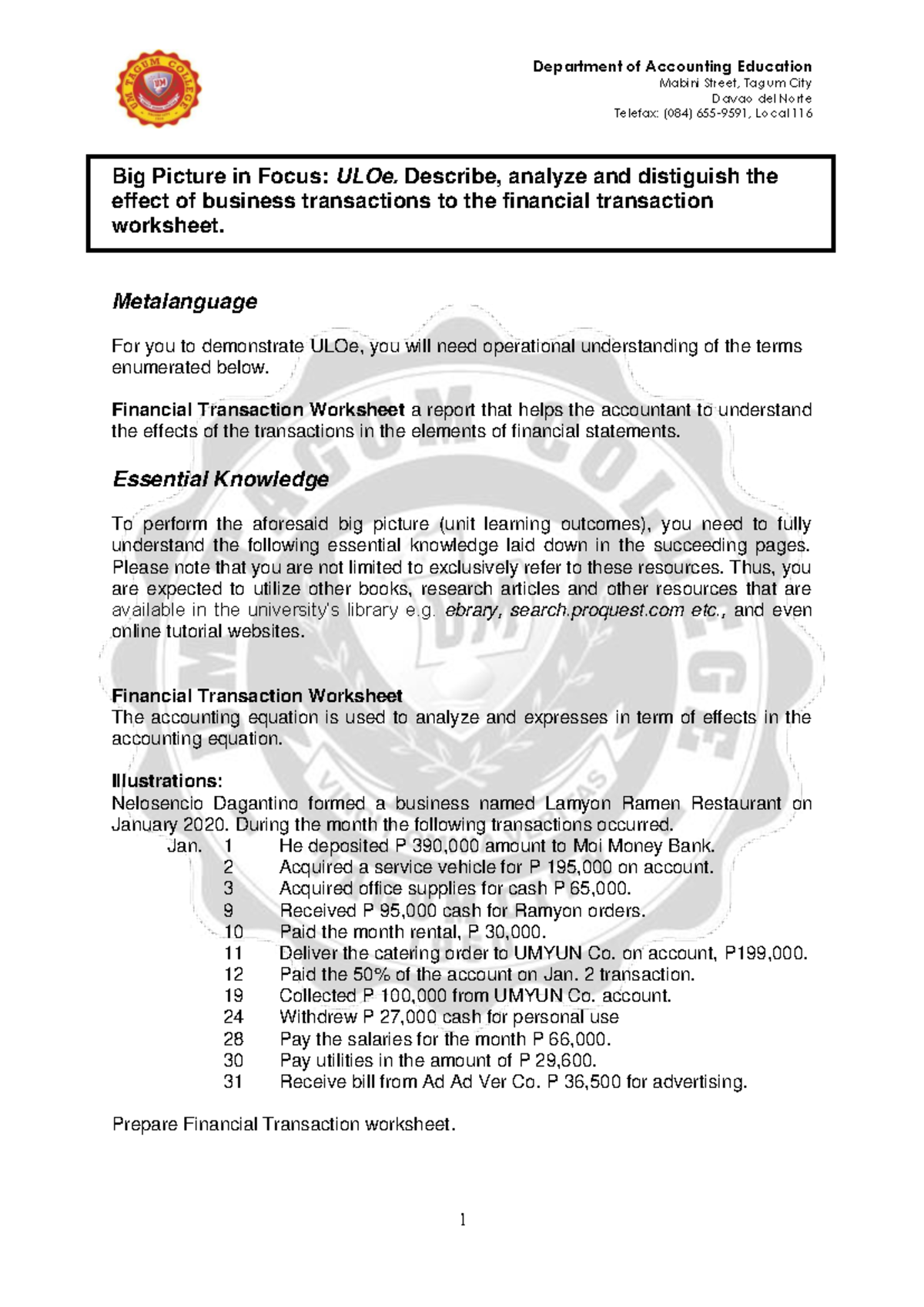ACC 101: Understanding Financial Transaction Worksheets and Business ...