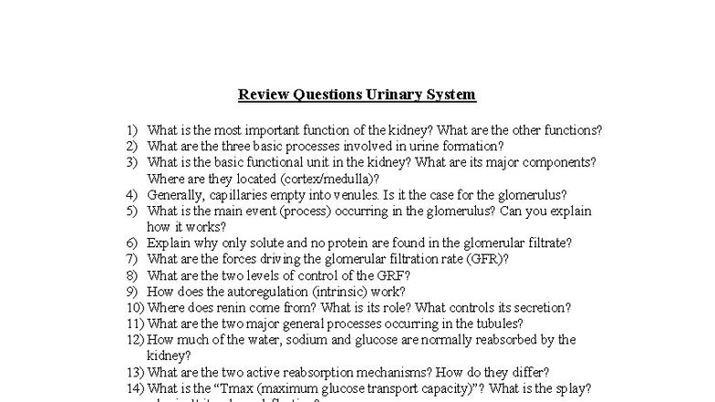 Urinary System Review Questions for Exam Preparation - Studocu