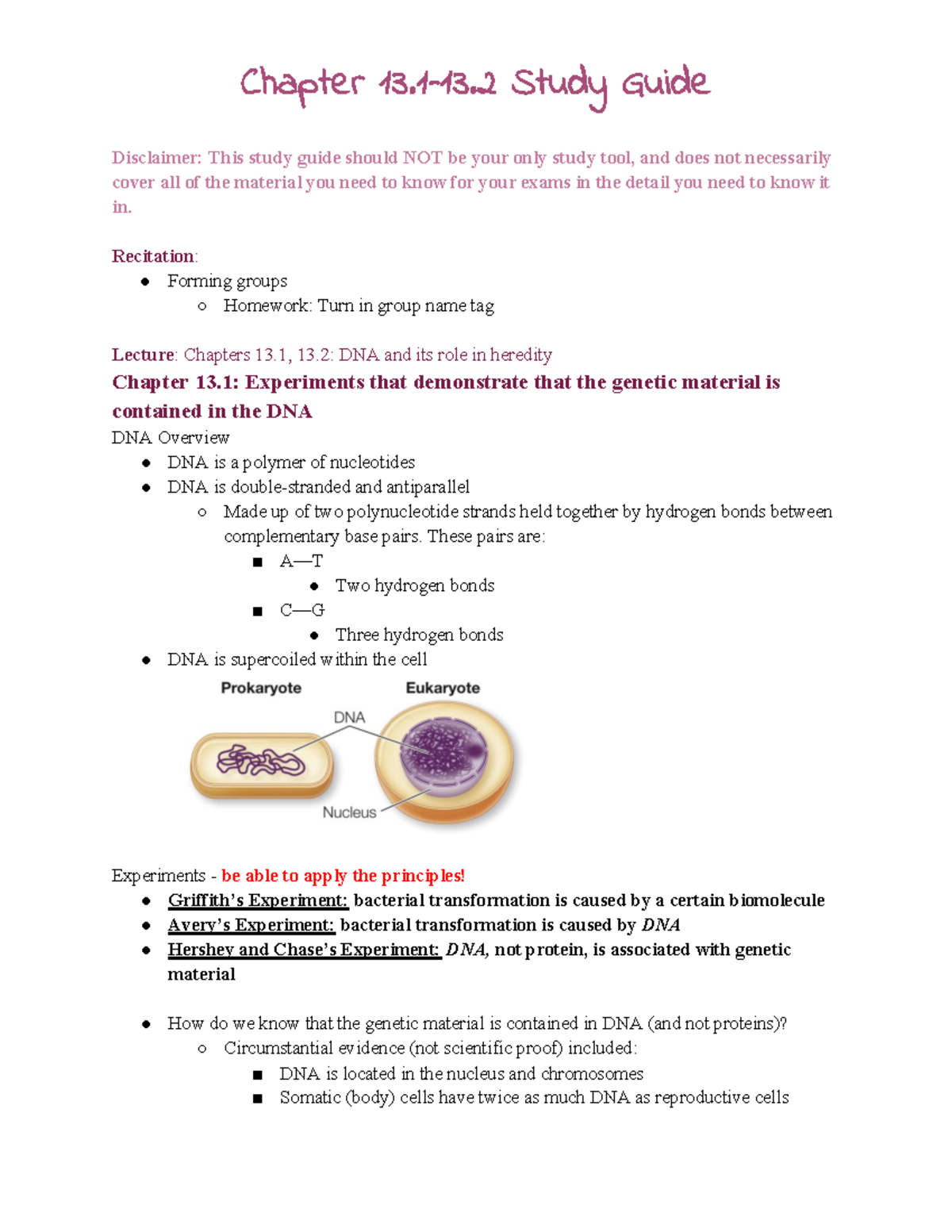 Chapter 13.1-13.2 Study Guide: DNA and Heredity - Studocu