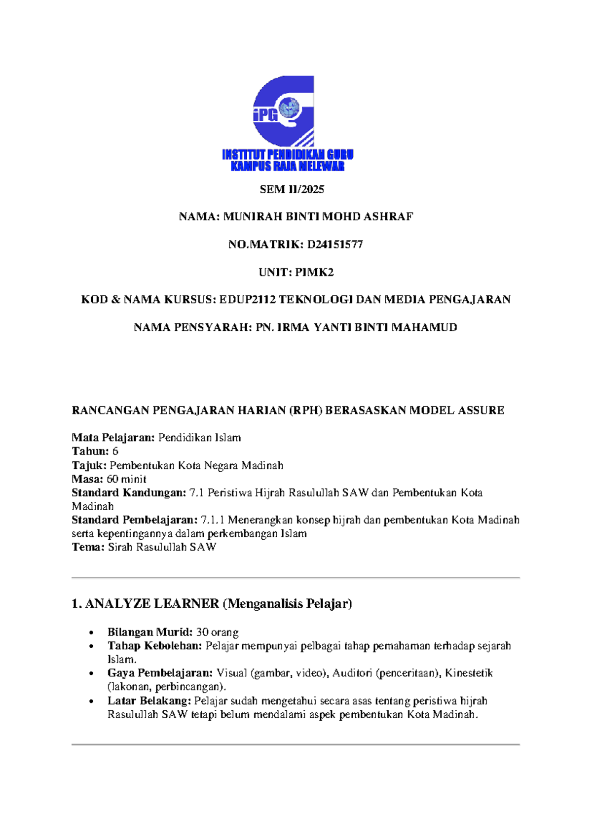 RPH Model ASSURE EDUP2112: Pembentukan Kota Madinah Pendidikan Islam ...