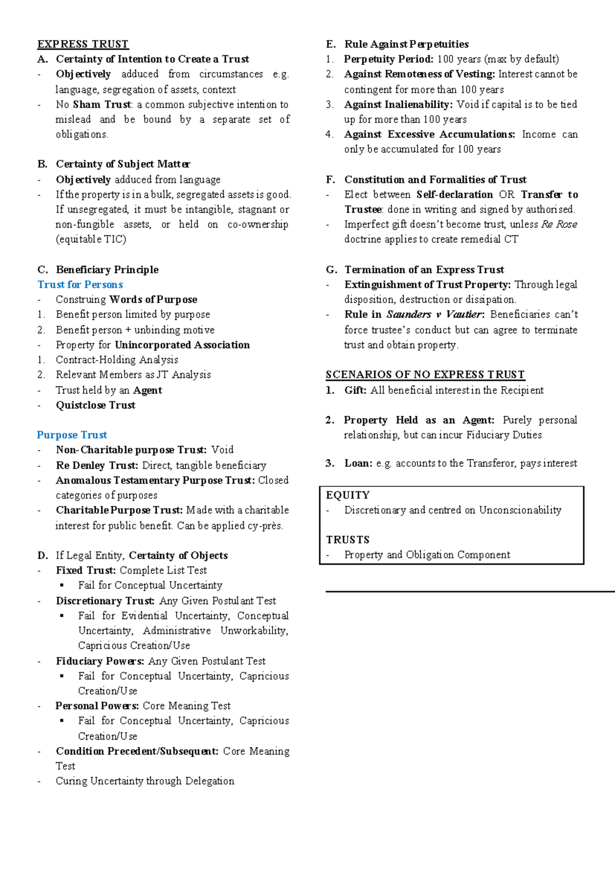 Equity Framework: Express Trusts and Resulting Trusts Analysis - Studocu