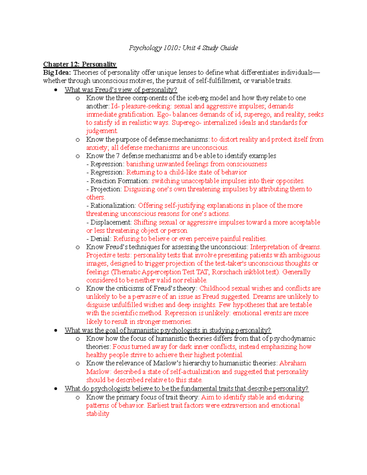 Psychology 1010: Unit 4 Study Guide - Personality & Disorders - Studocu