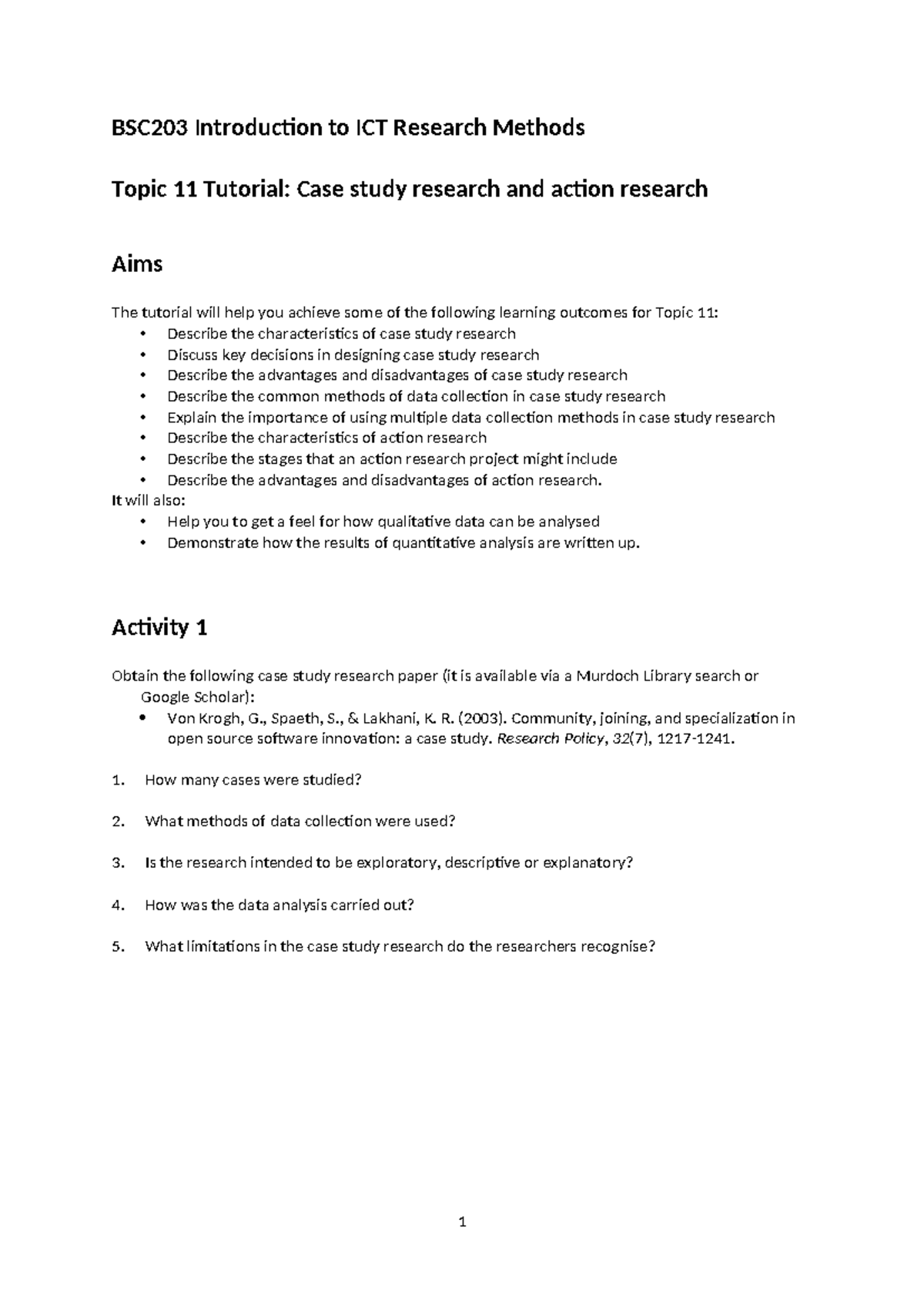 BSC203 Topic 11 Tutorial: Case Study & Action Research Methods - Studocu