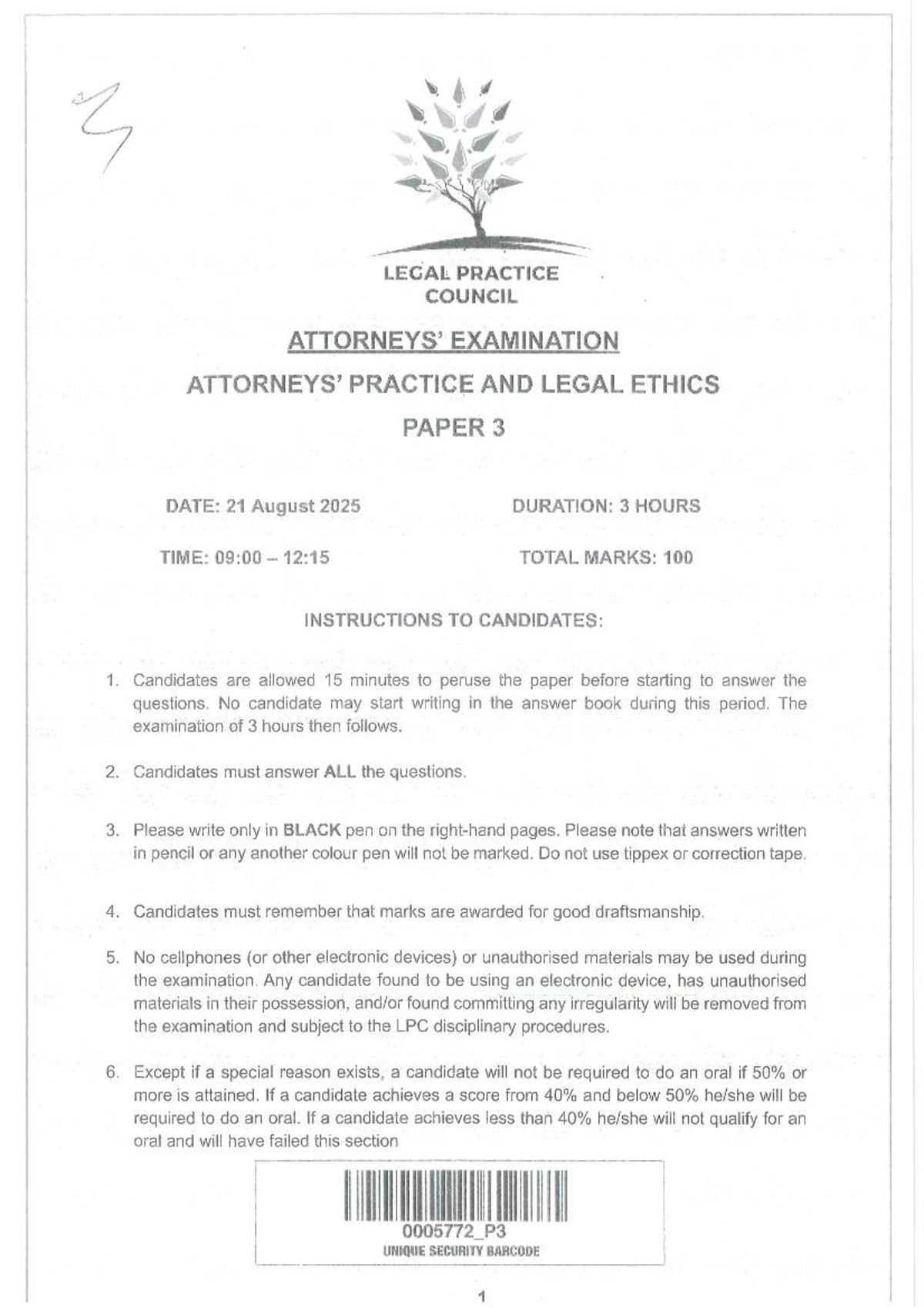 LPC 4 Legal Practice Council Exam: Paper 3 - Legal Ethics & Practice ...