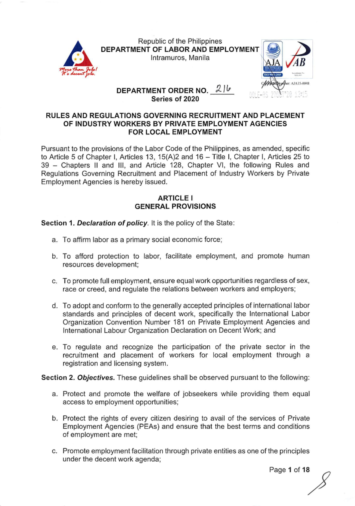Dept. Order 216: Rules for Recruitment & Placement of Workers in PEA ...