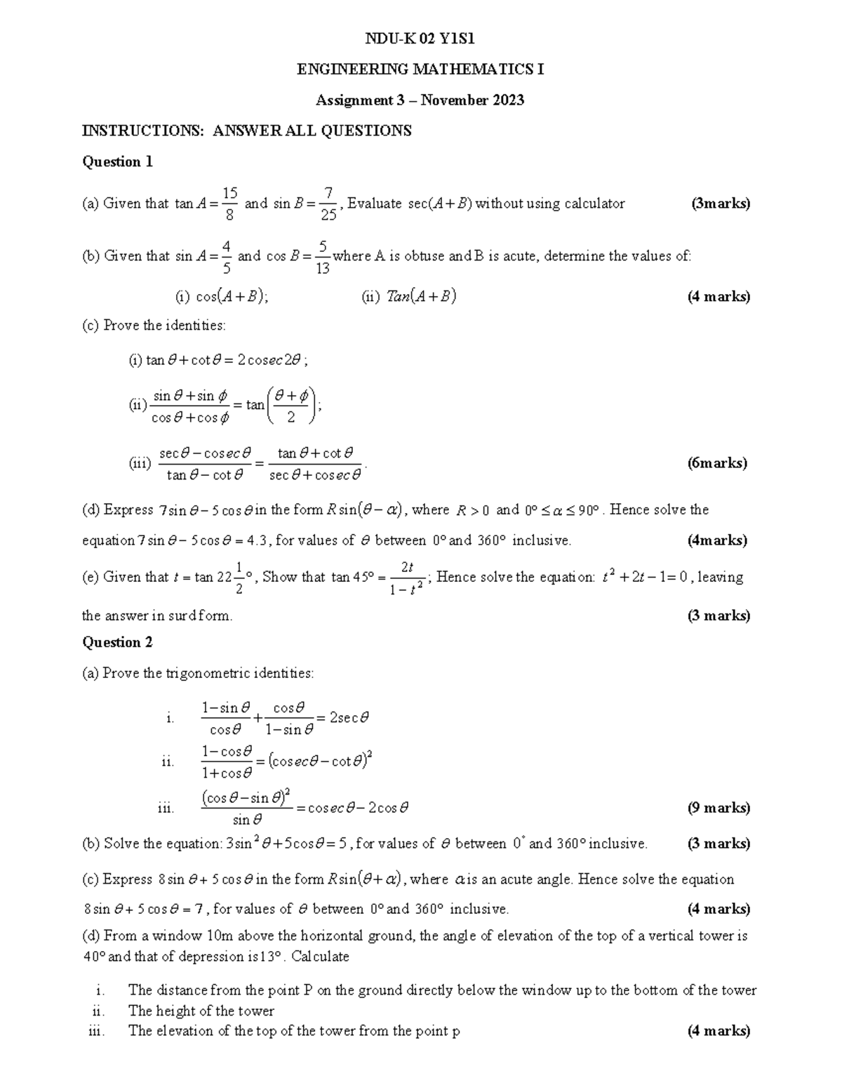 Engineering Mathematics I - Assignment 3: November 2023 - Studocu