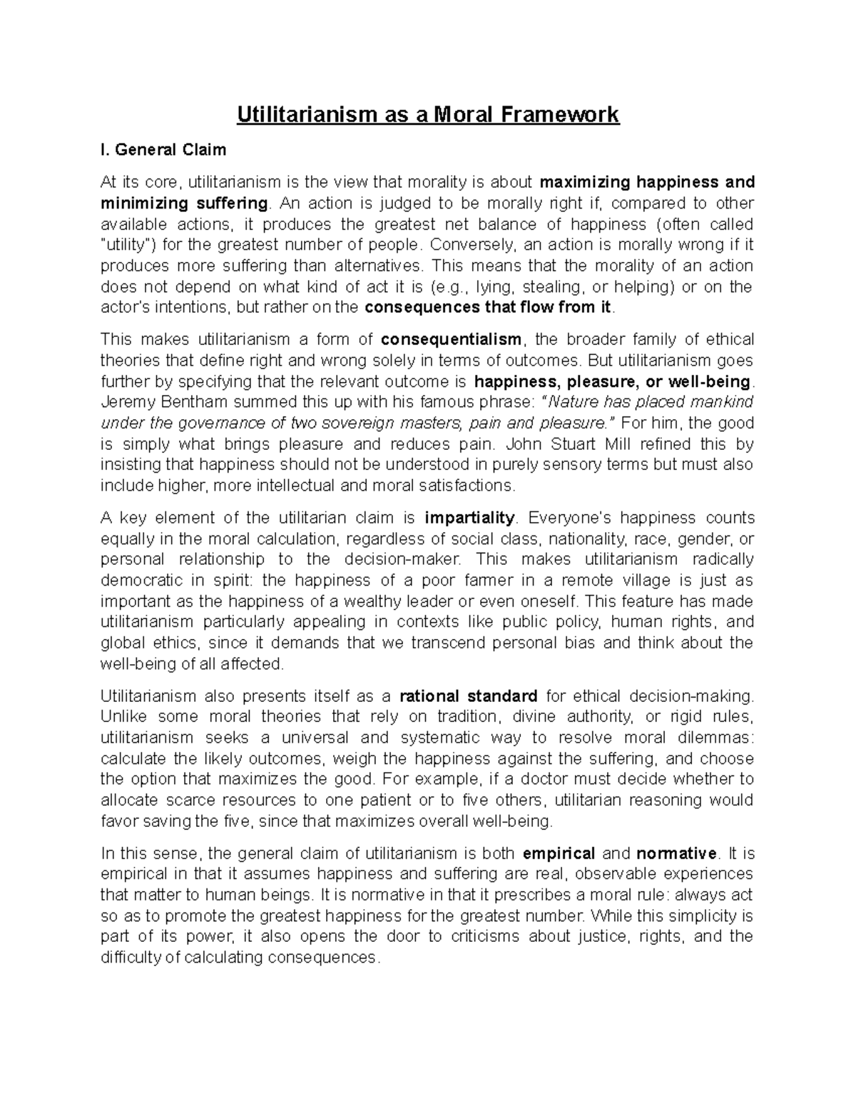 Utilitarianism as a Moral Framework: Key Concepts and Applications ...