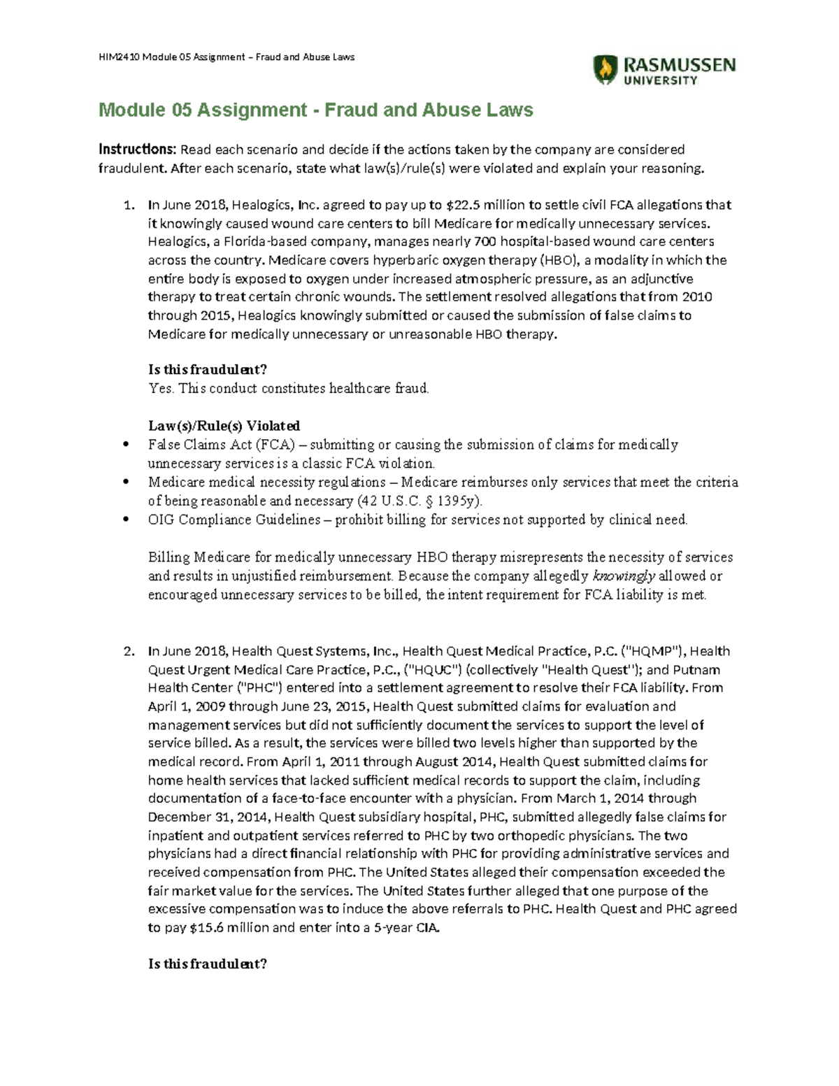 HIM2410 Module 05 Assignment: Analyzing Fraud and Abuse Laws - Studocu