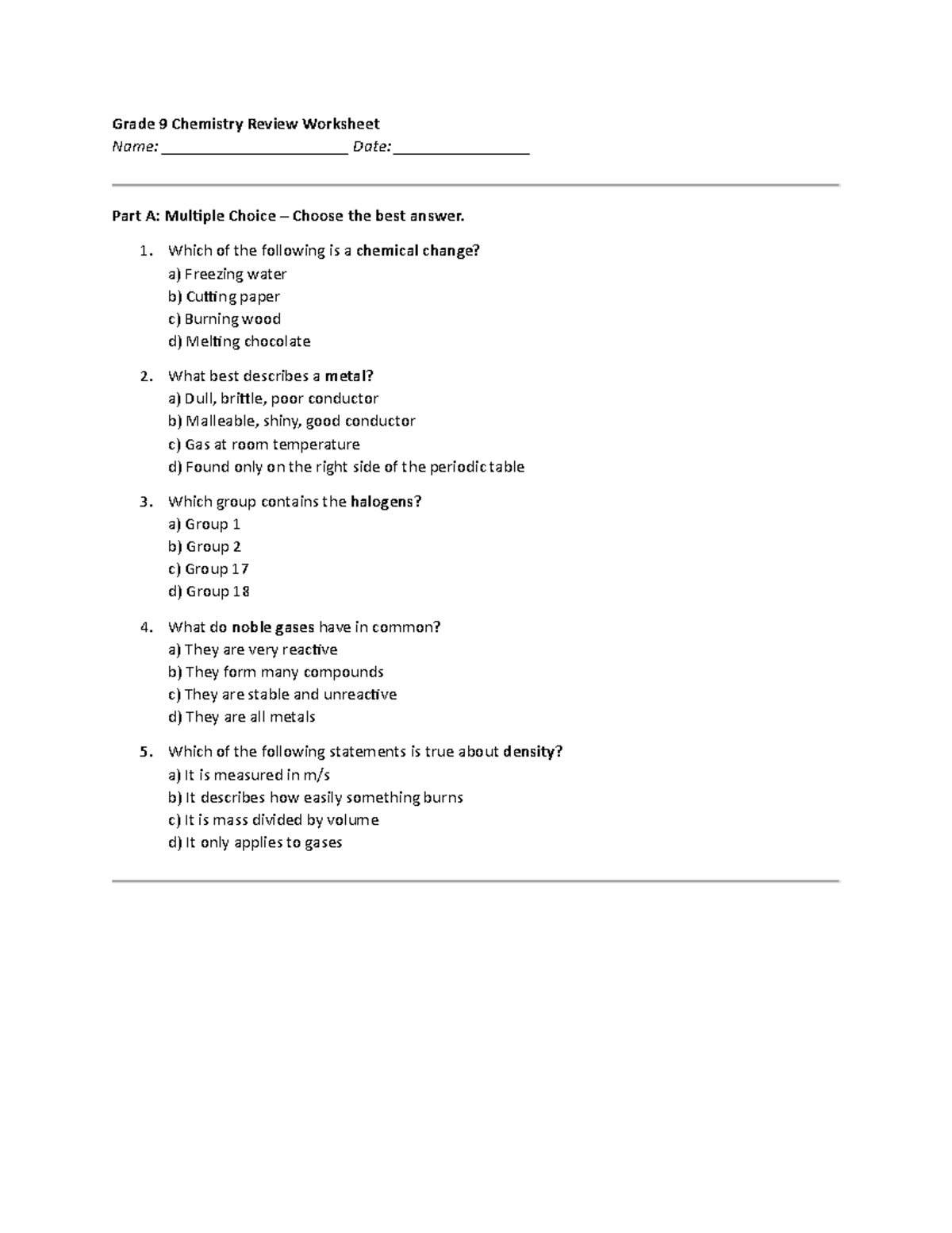 Grade 9 Chemistry Review Worksheet: Key Concepts & Problems - Studocu