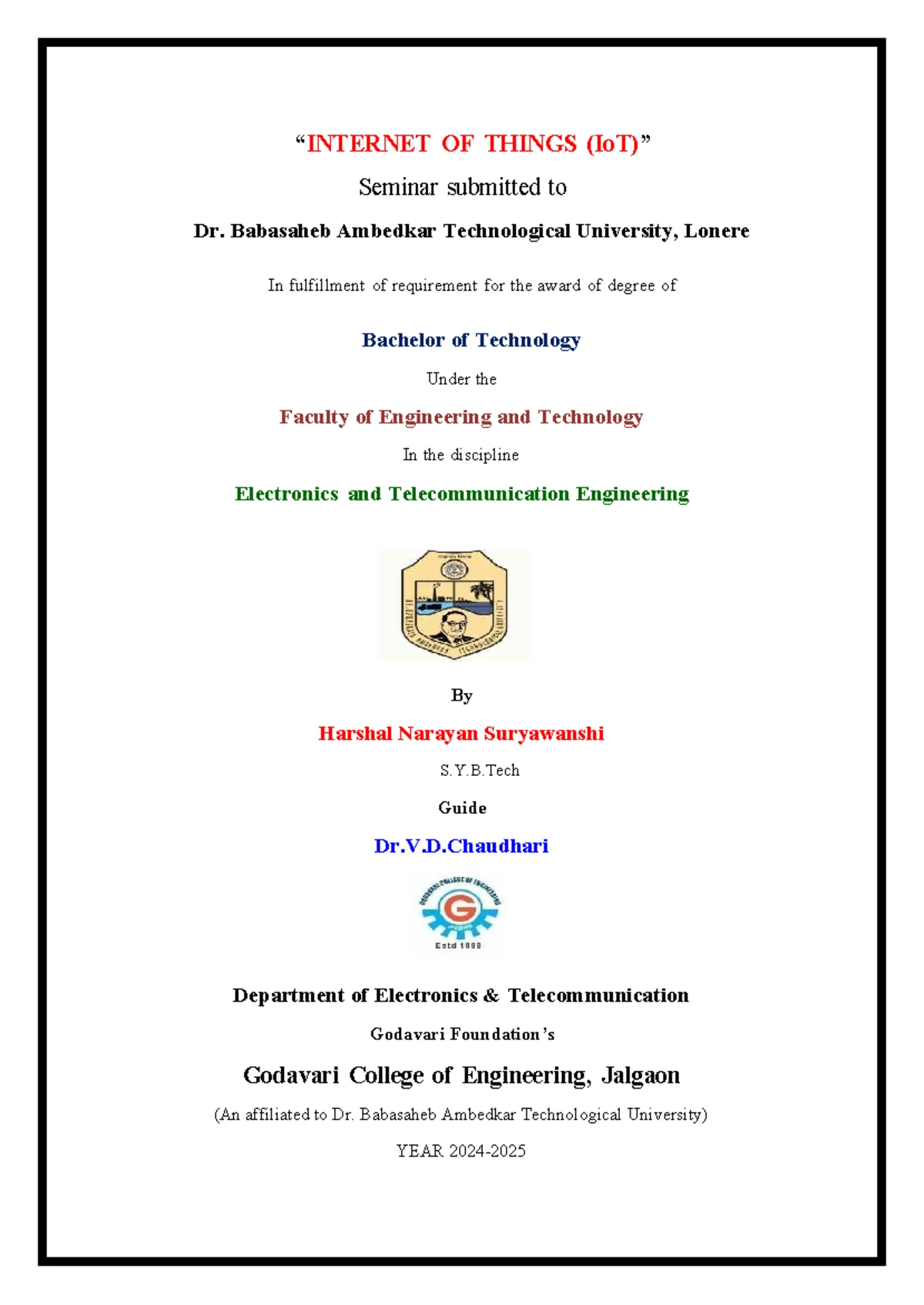 Seminar Report on Internet of Things - S.Y. B.Tech - DBATU - Studocu