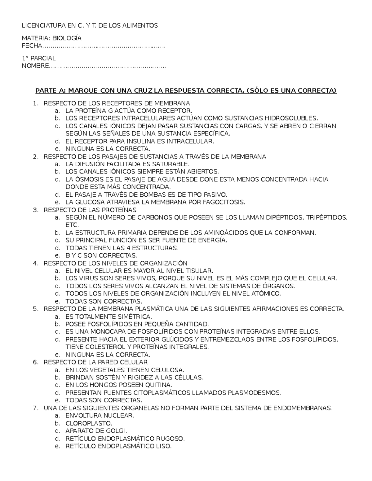 Lic. en C. y T. de Alimentos - Bio 1° Parcial Examen 2016, Preguntas y Respuestas - Document Preview