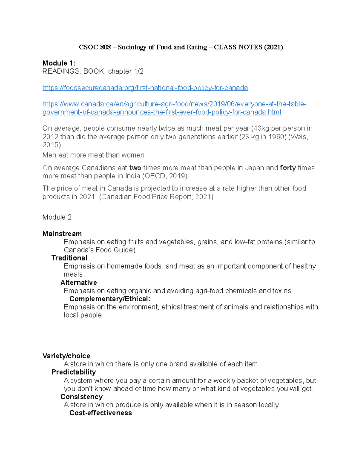 CSOC 808 - Sociology of Food and Eating: Comprehensive Class Notes ...
