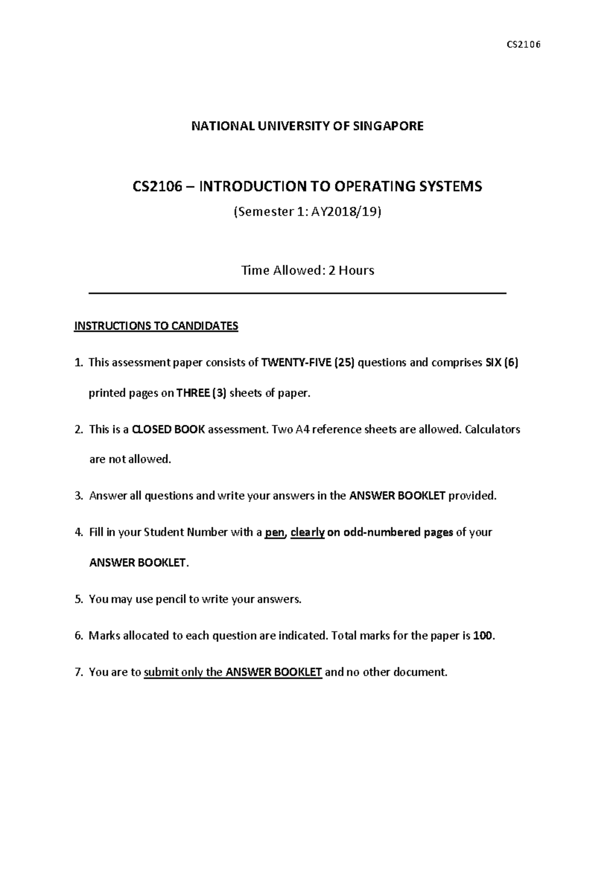 CS2106 Final Exam Questions - Introduction to Operating Systems - Studocu