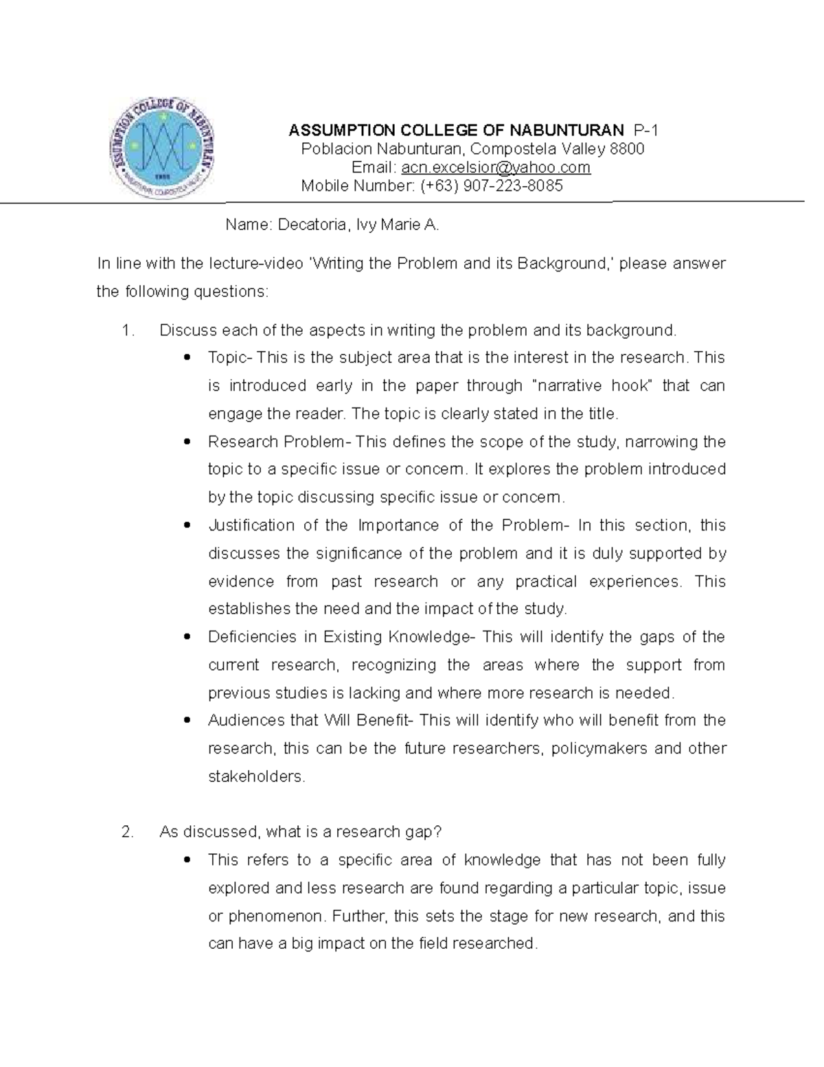 ASSUMPTION COLLEGE OF NABUNTURAN - Research Gap Analysis Assignment ...