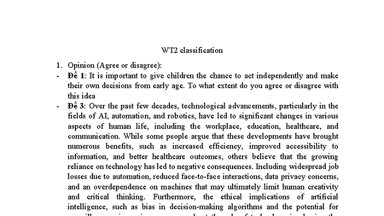 WT2 Classification: Opinion, Direct Qs, Problem/Solution, Adv/Disadv ...