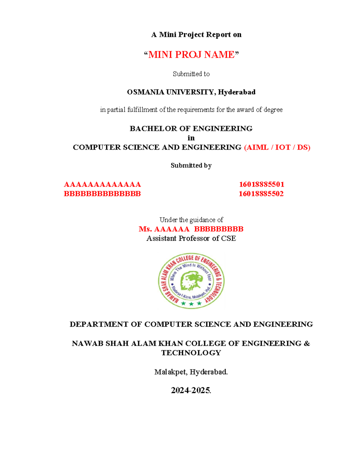 Mini Project Report on PROJ for BE CSE AIML IOT DS 2024-25 - Studocu