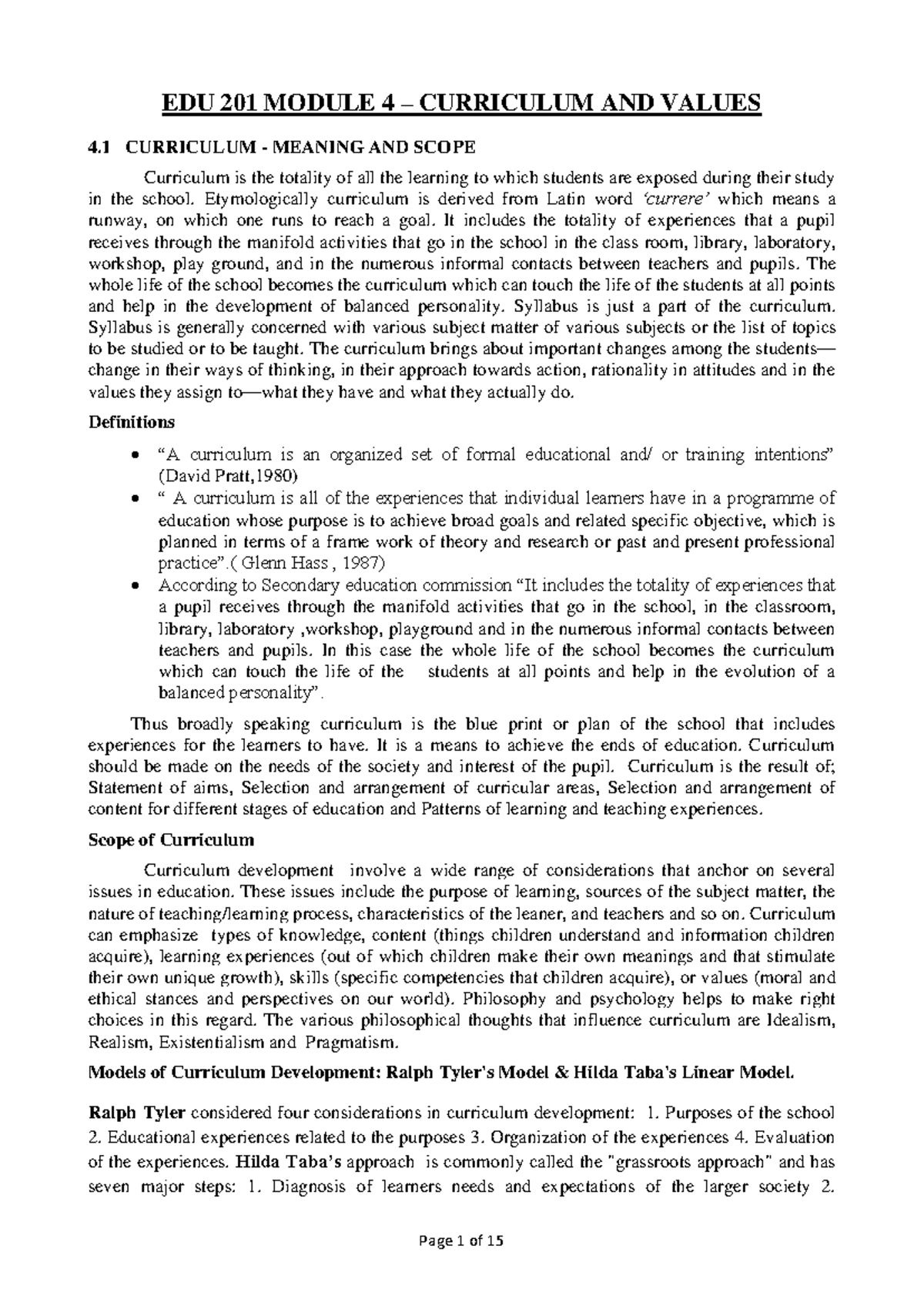 EDU 201 Module 4: Exploring Curriculum and Values Foundations - Studocu