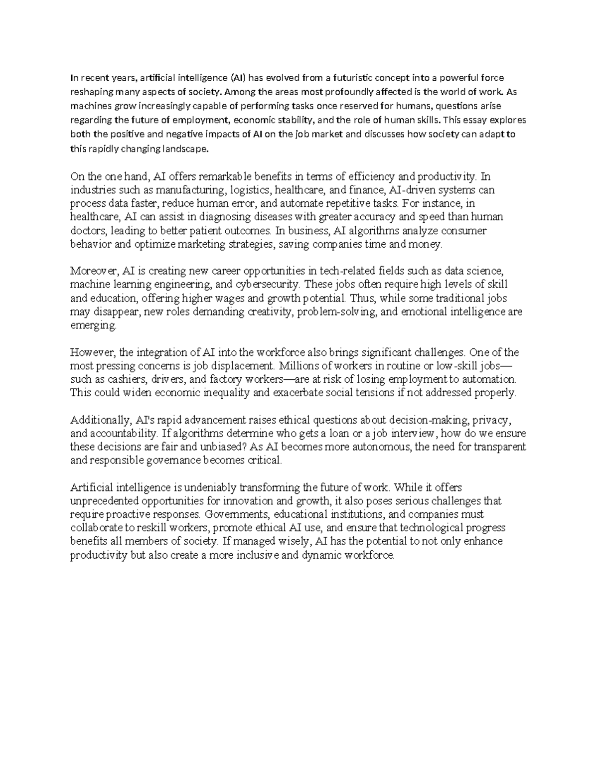 AI and the Future of Work: Impacts and Adaptations Essay - Studocu