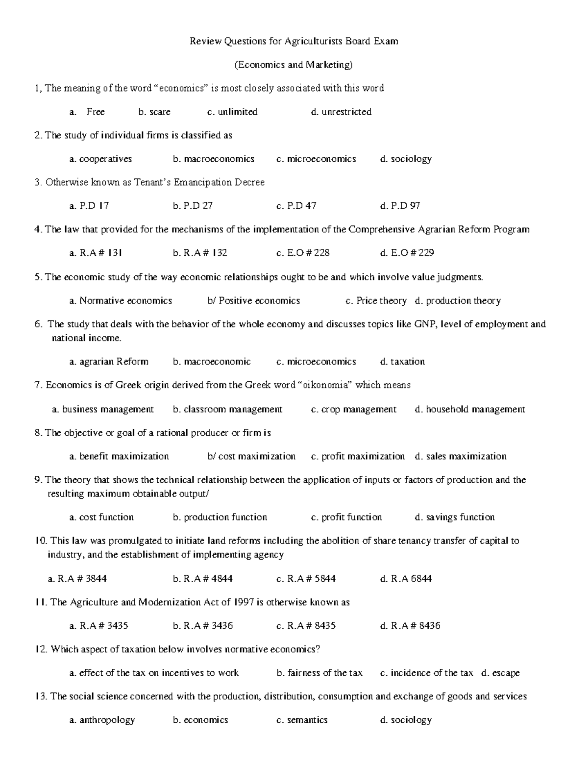 Rev Economics 2 - Practice Test for Agriculturists Board Exam - Studocu