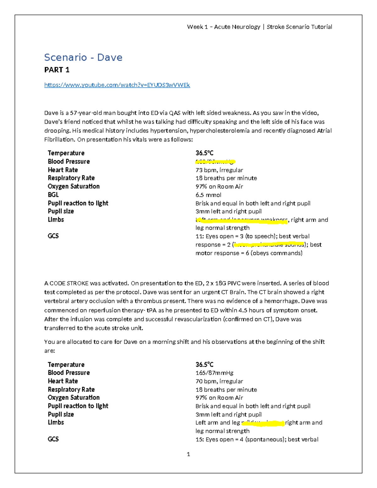 NS2882 Week 1 Tutorial 2 - Completed Worksheet on Stroke Management ...