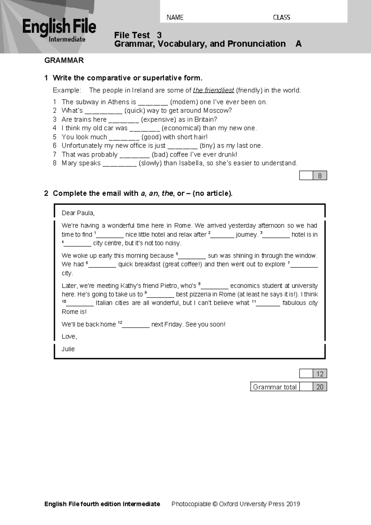 EF4e Intermediate File Test 3A: Grammar, Vocabulary, and Reading - Studocu