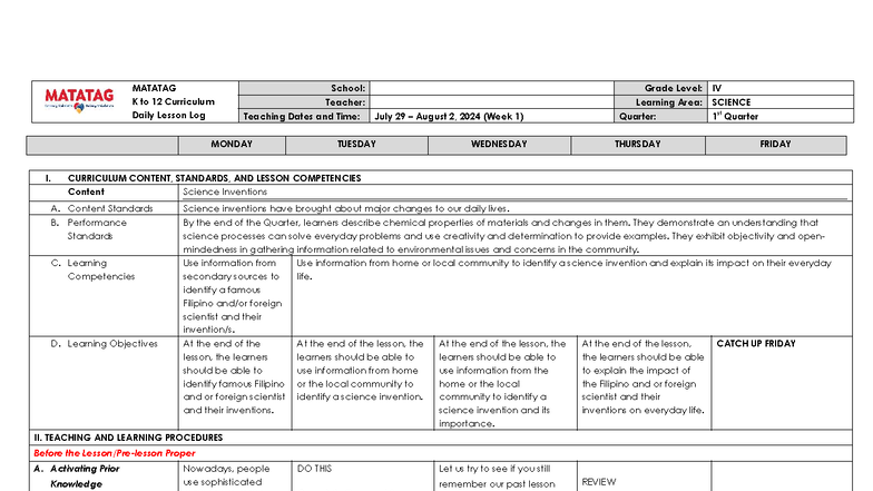 MATATAG K to 12 Curriculum Daily Lesson Log: Science G4 Week 1 - Studocu