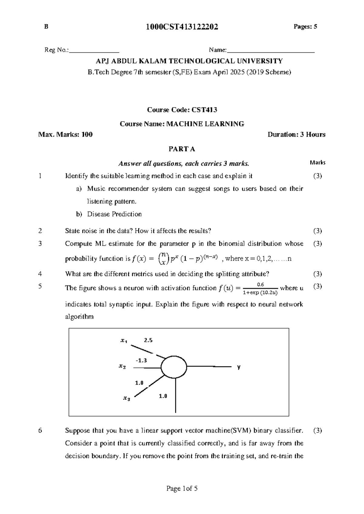 CST413 Machine Learning - Question Paper April 2025 - Studocu