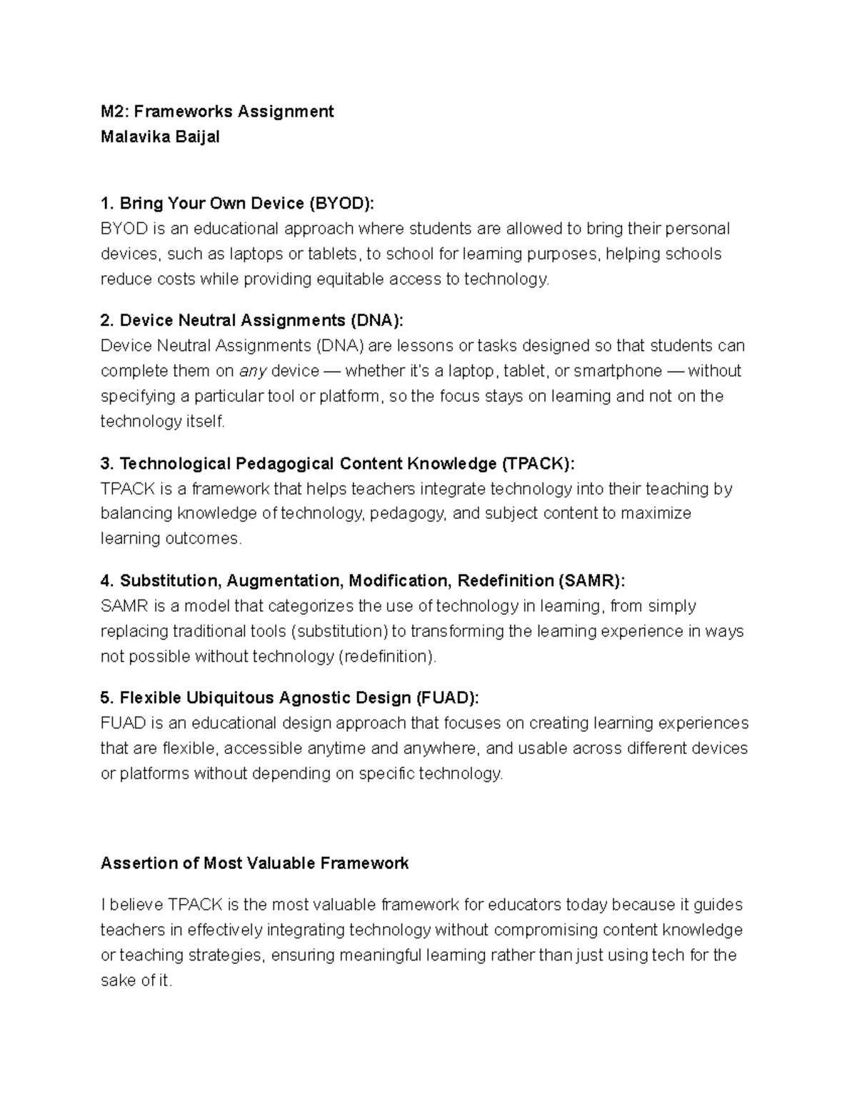 M2: Educational Frameworks Assignment on Technology Integration - Studocu