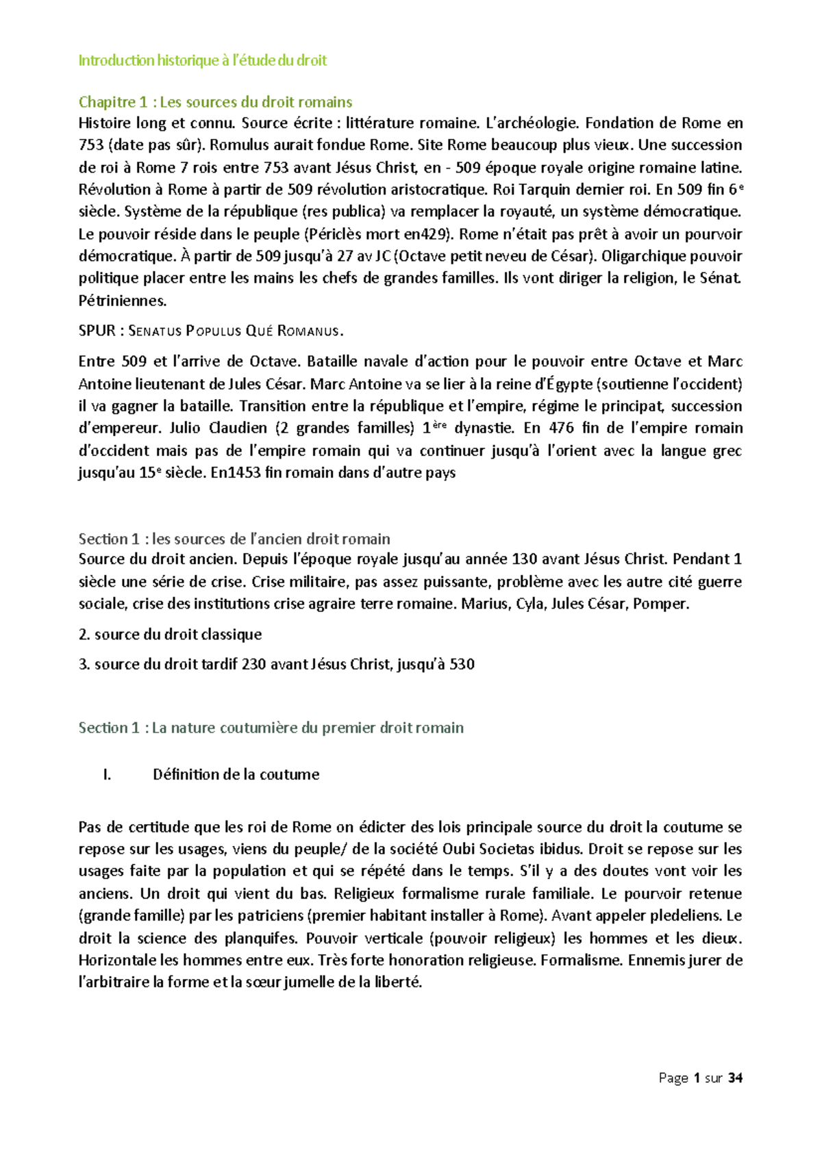 Histoire du Droit : Chapitre 1 - Les Sources du Droit Romain - Studocu