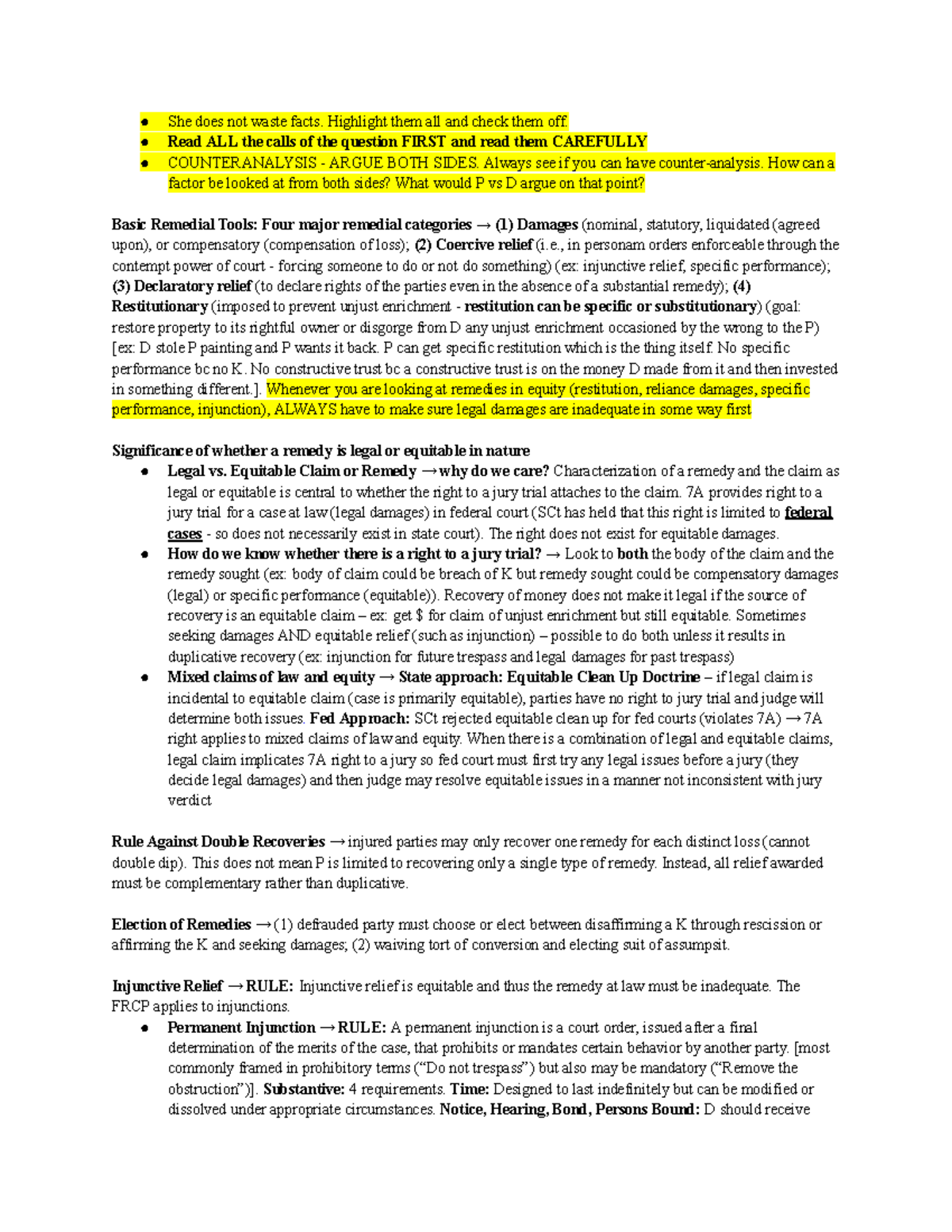 Remedies Outline for Law Course (LAW 101) - Key Concepts and Analysis ...