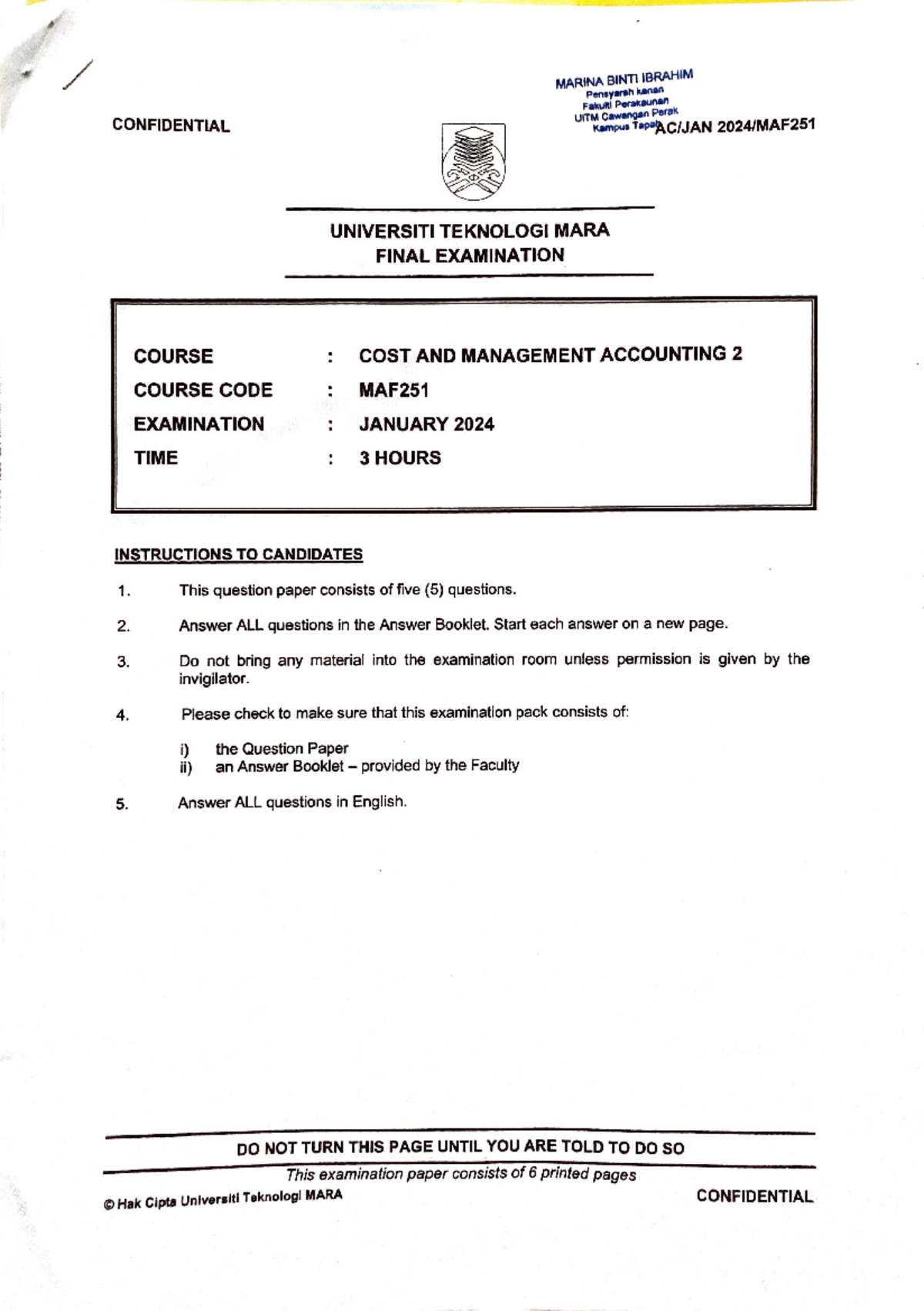 Final Examination: Cost and Management Accounting 2 (MAF) - Jan 2024 ...