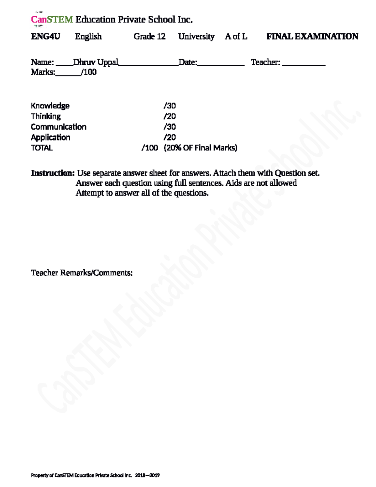 ENG4U English Grade 12 University Final Exam Study Guide - Studocu