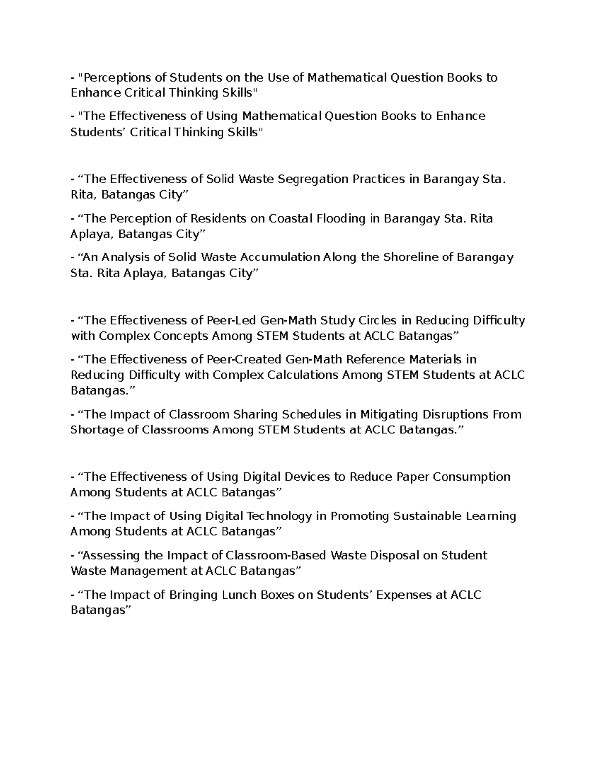 Research Titles on Enhancing Critical Thinking and Sustainability in ...