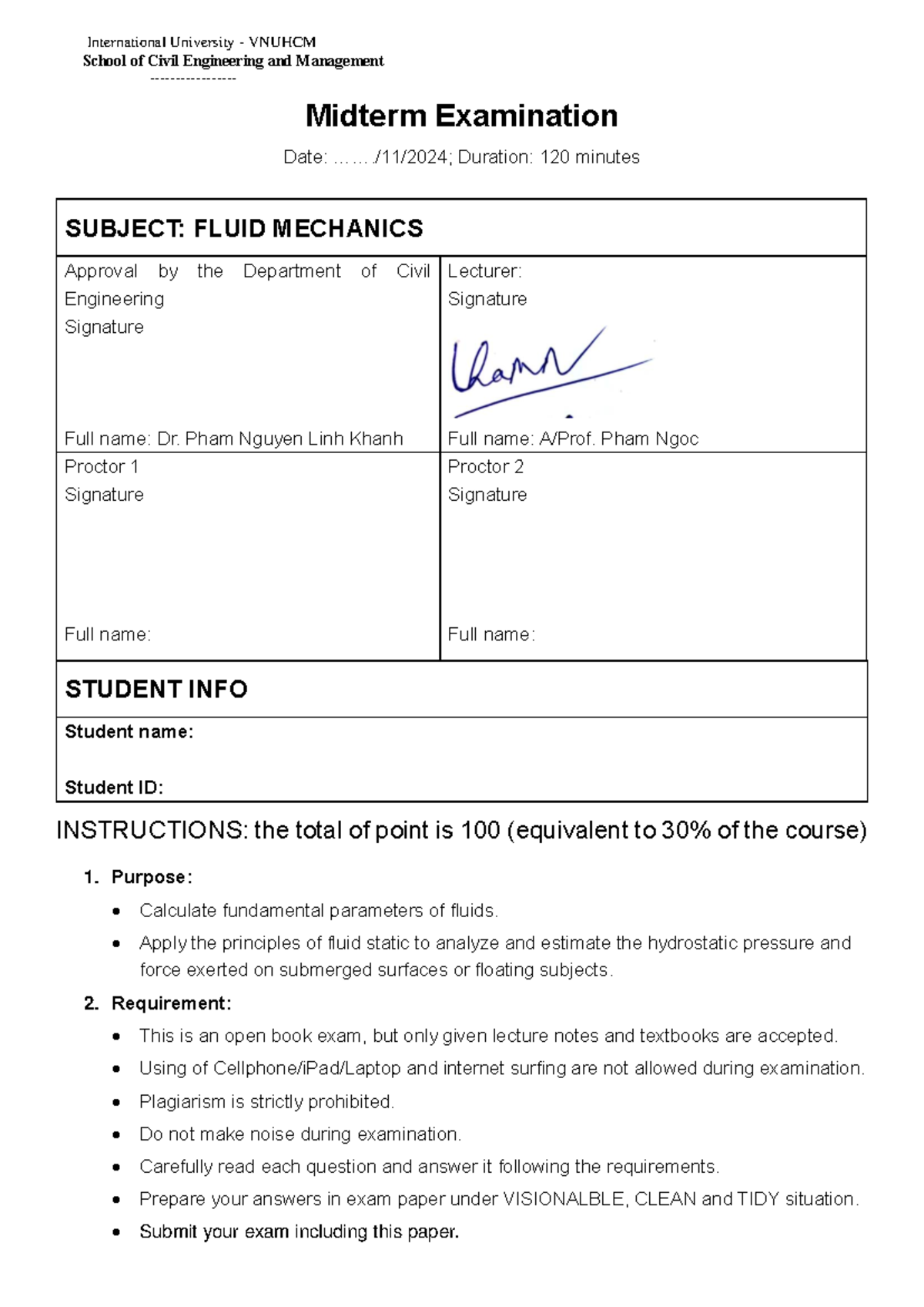 VNUHCM CE&M Midterm Exam: Fluid Mechanics Overview and Questions - Studocu