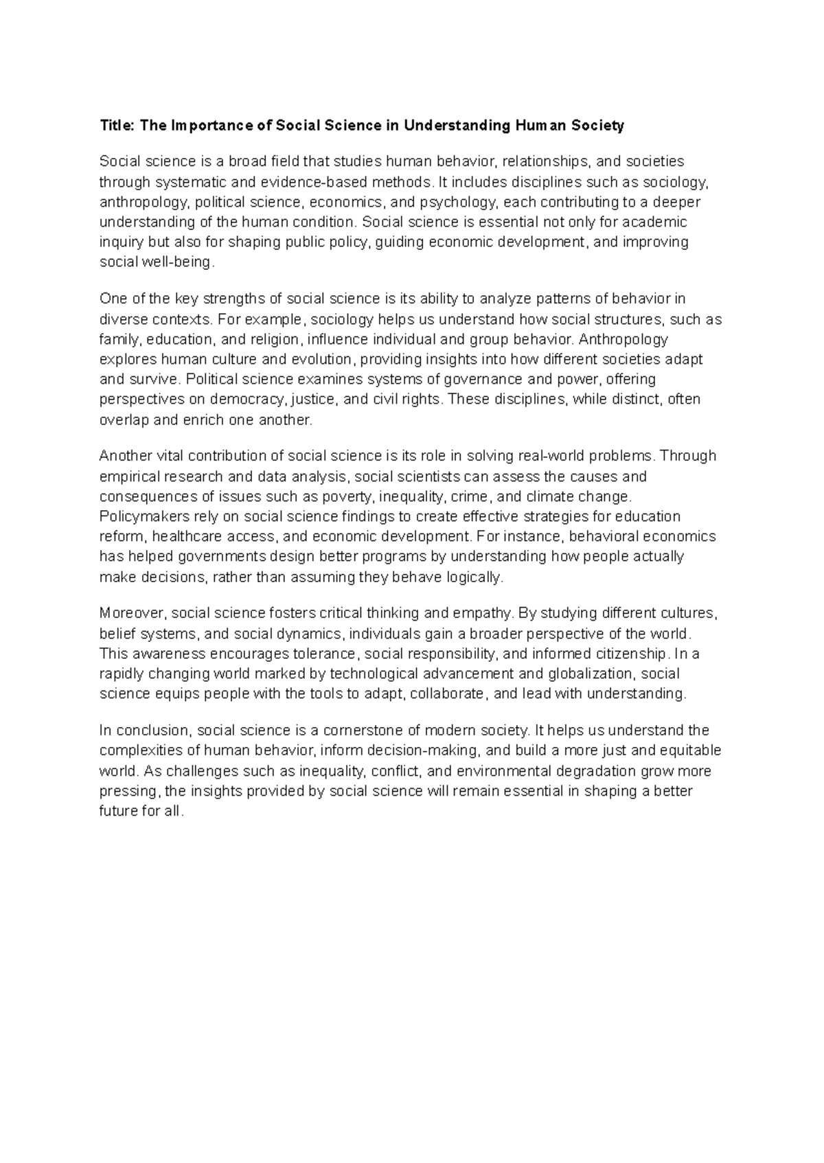 Title: The Role of Social Science in Analyzing Human Behavior and ...