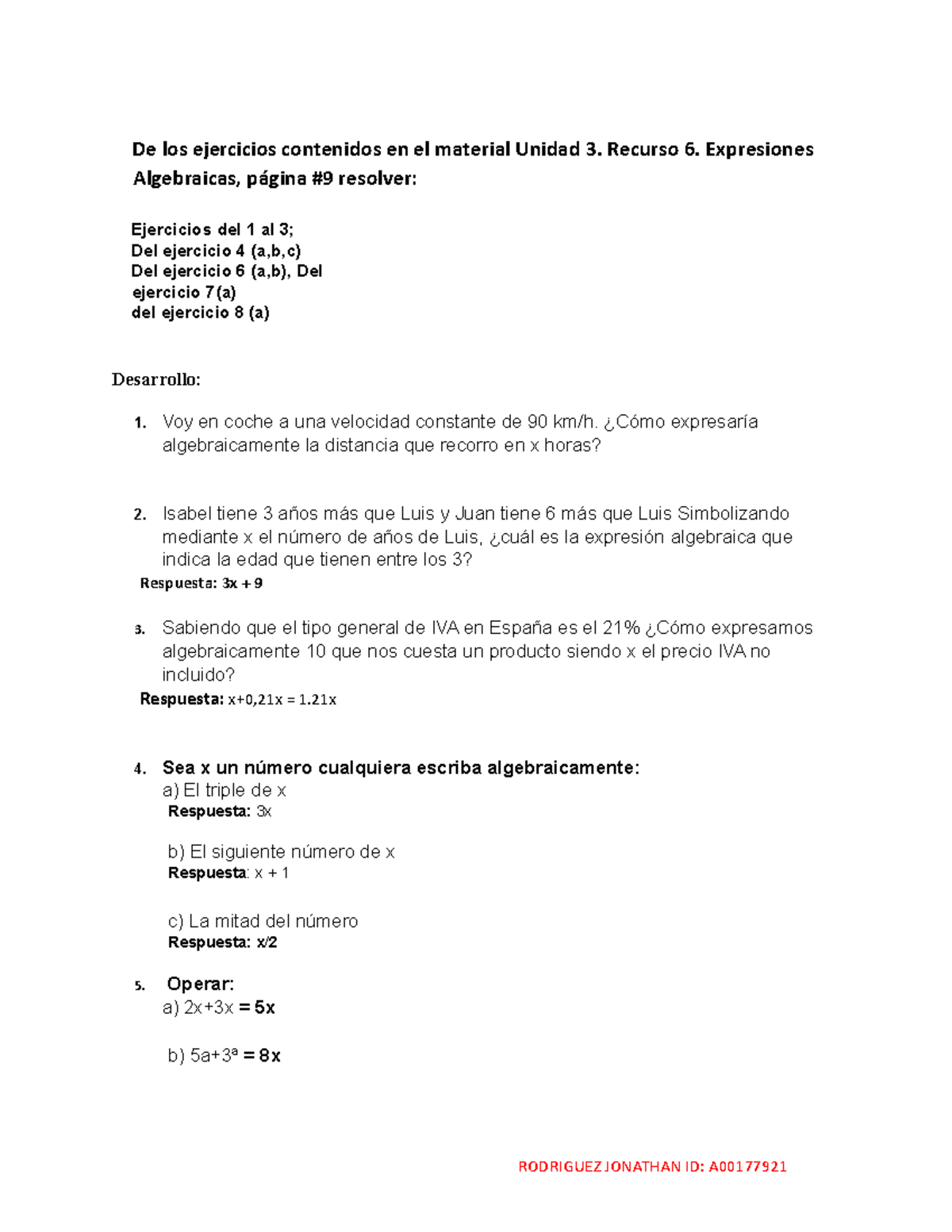Unidad 3. Actividad 1: Ejercicios de Expresiones Algebraicas - Studocu