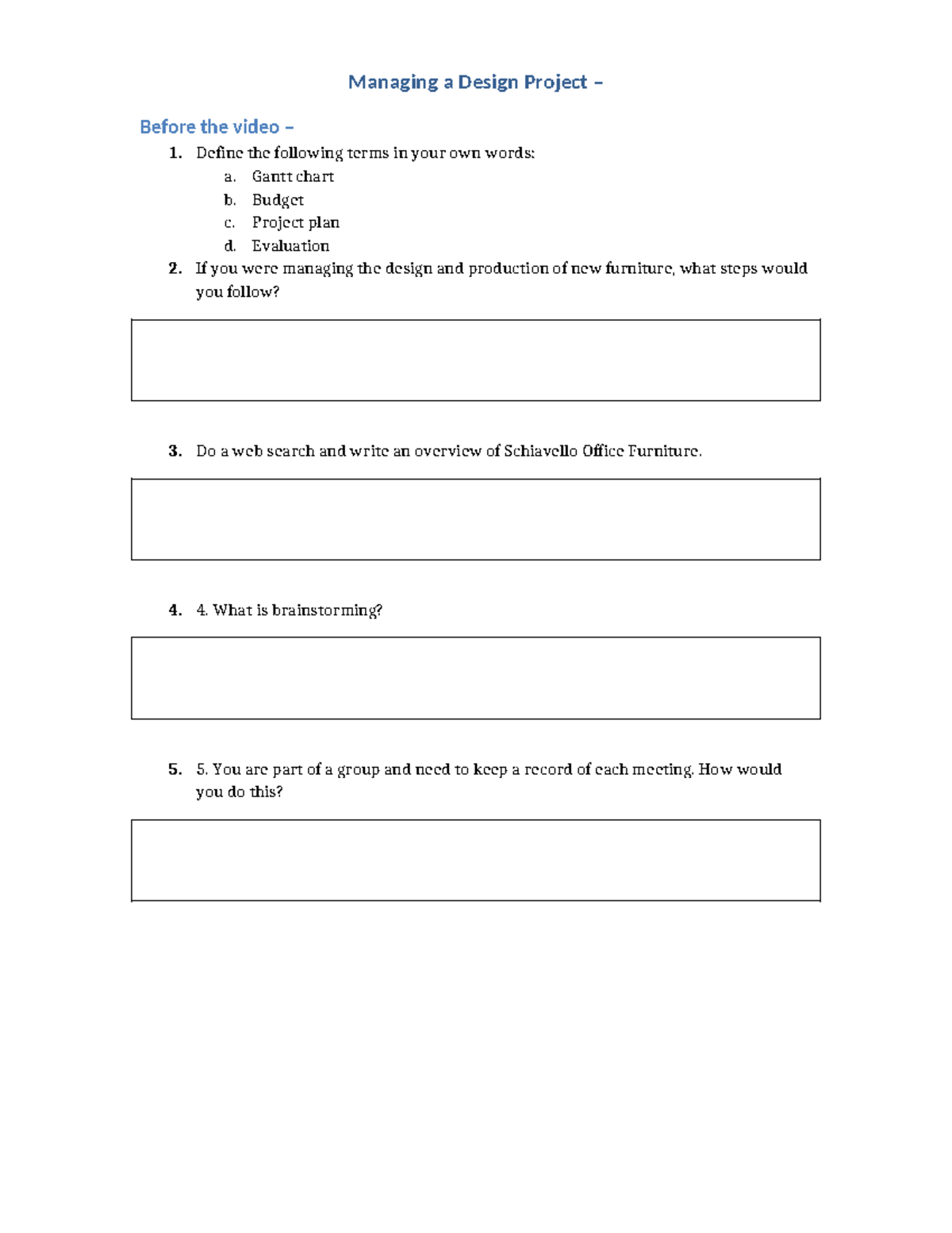 Managing a Design Project Worksheet: Key Concepts & Questions - Studocu