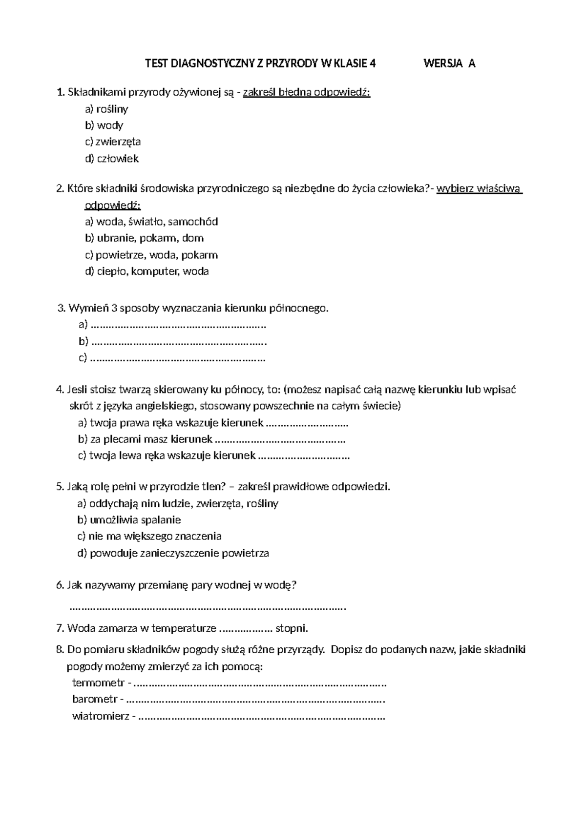 Test Diagnozujący z Przyrody Klasa 4 Wersja A - Zadania i Odpowiedzi
