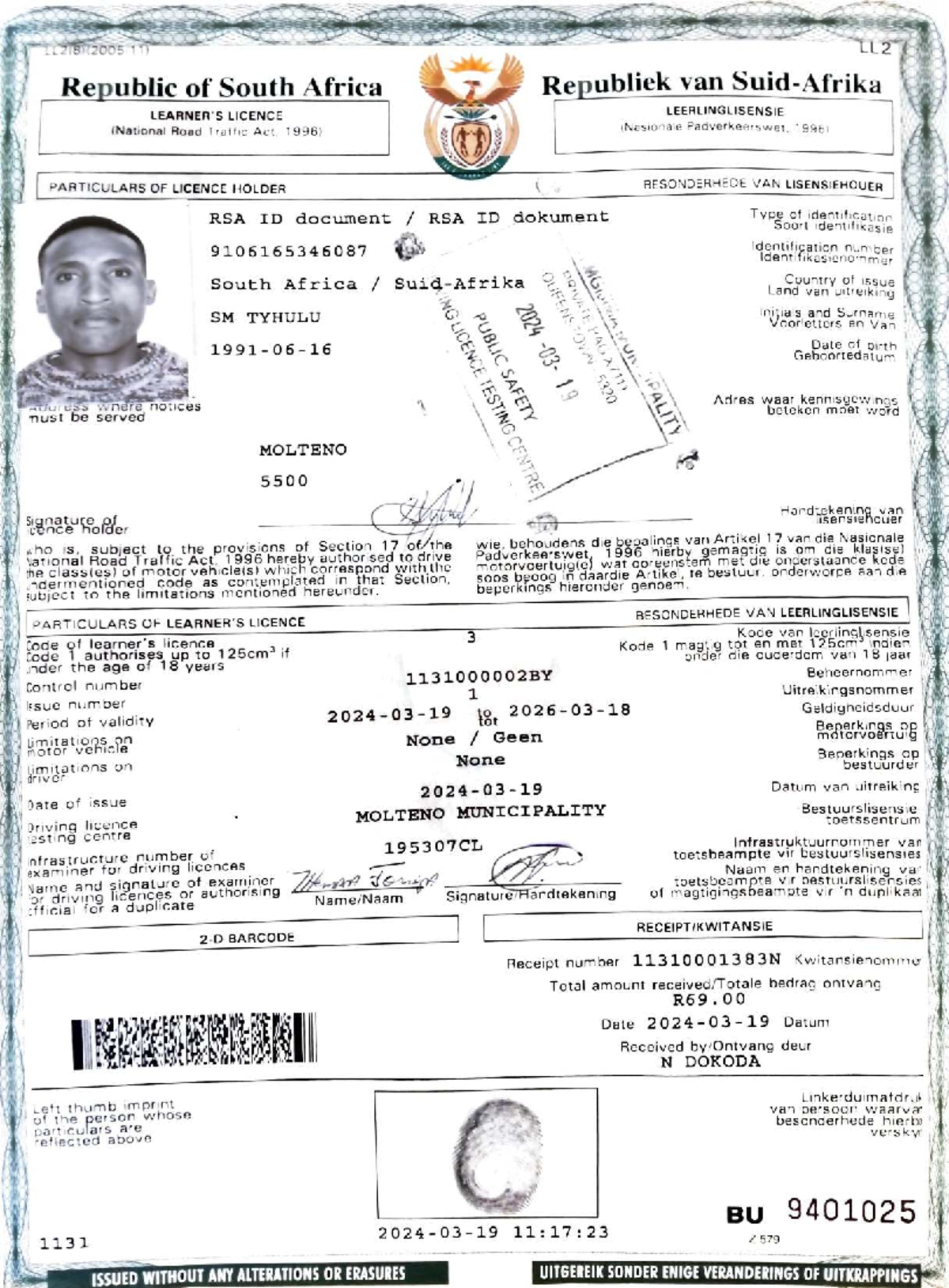 LL2 213112005 Learner's Licence Details - RSA Road Traffic Act - Studocu