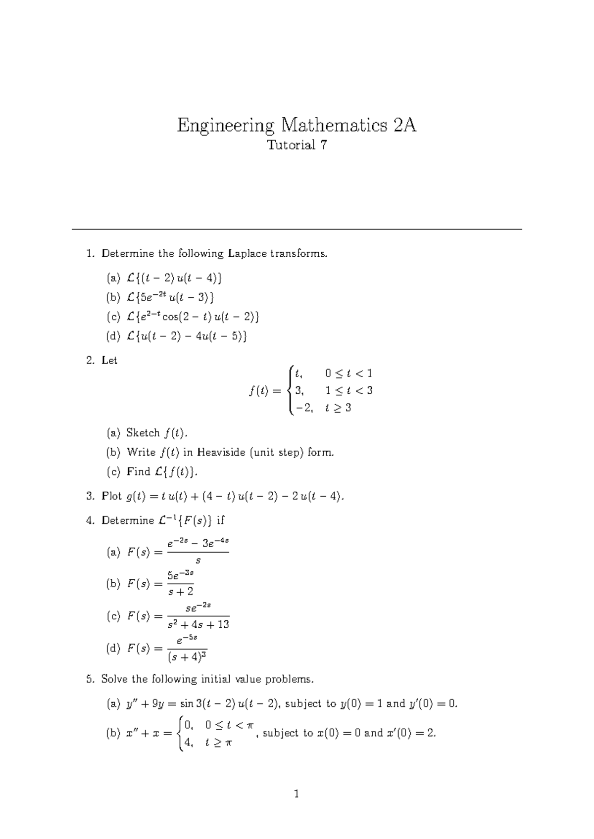 MATE2A2 Tutorial 7: Laplace Transforms and Initial Value Problems - Studocu