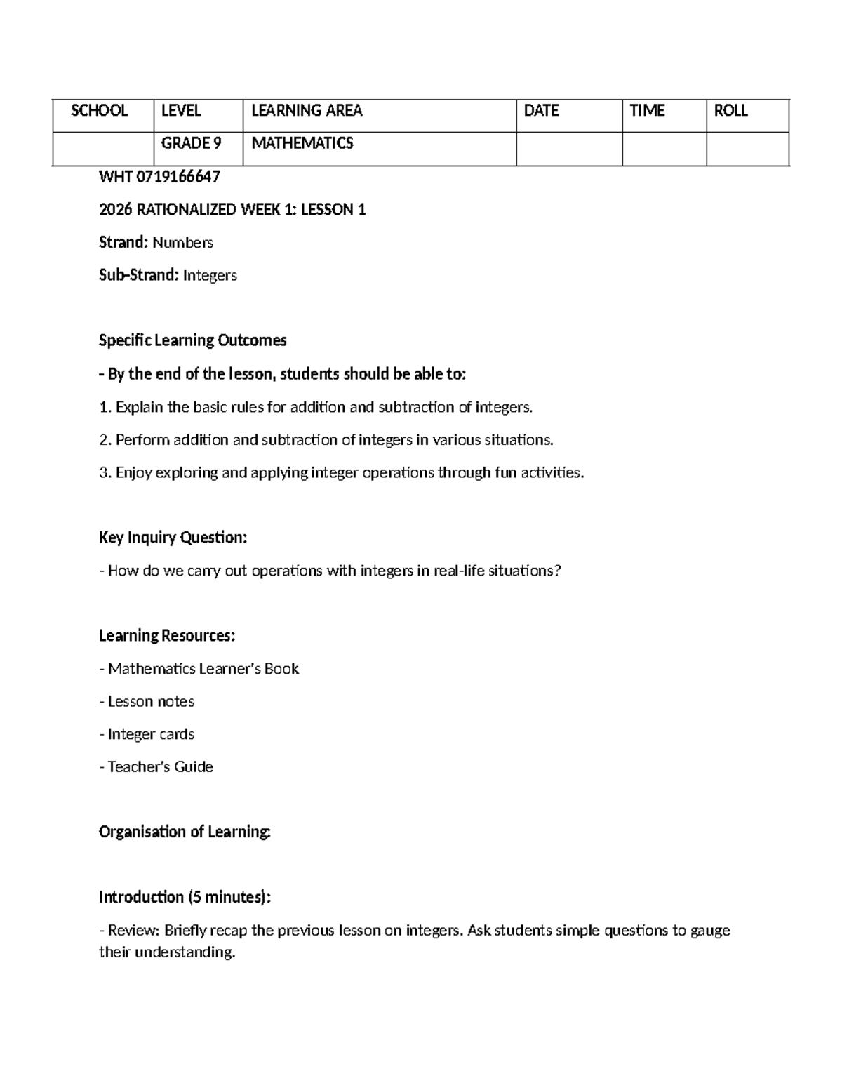 2026 G9 Mathematics Lesson Plans: Integers & Operations - Studocu