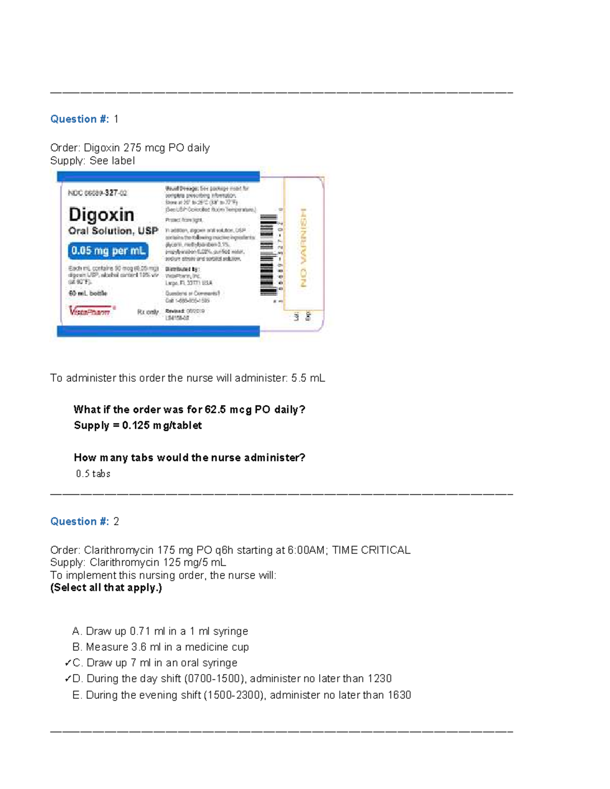 NURS 1063 Math Comp Examples: Answer Key for Nursing Calculations - Studocu