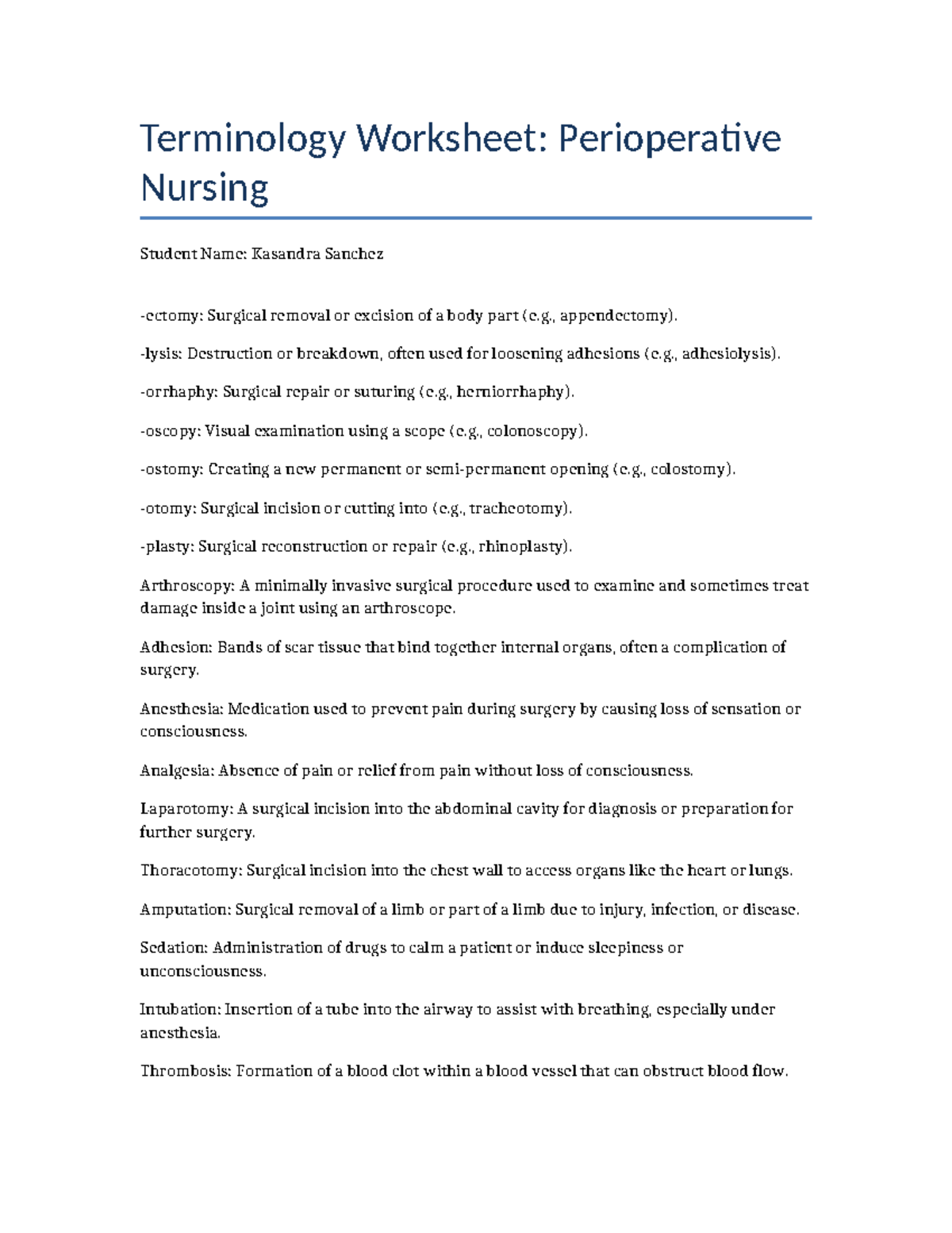 Terminology Worksheet: Perioperative Nursing (NURS 101) - Studocu
