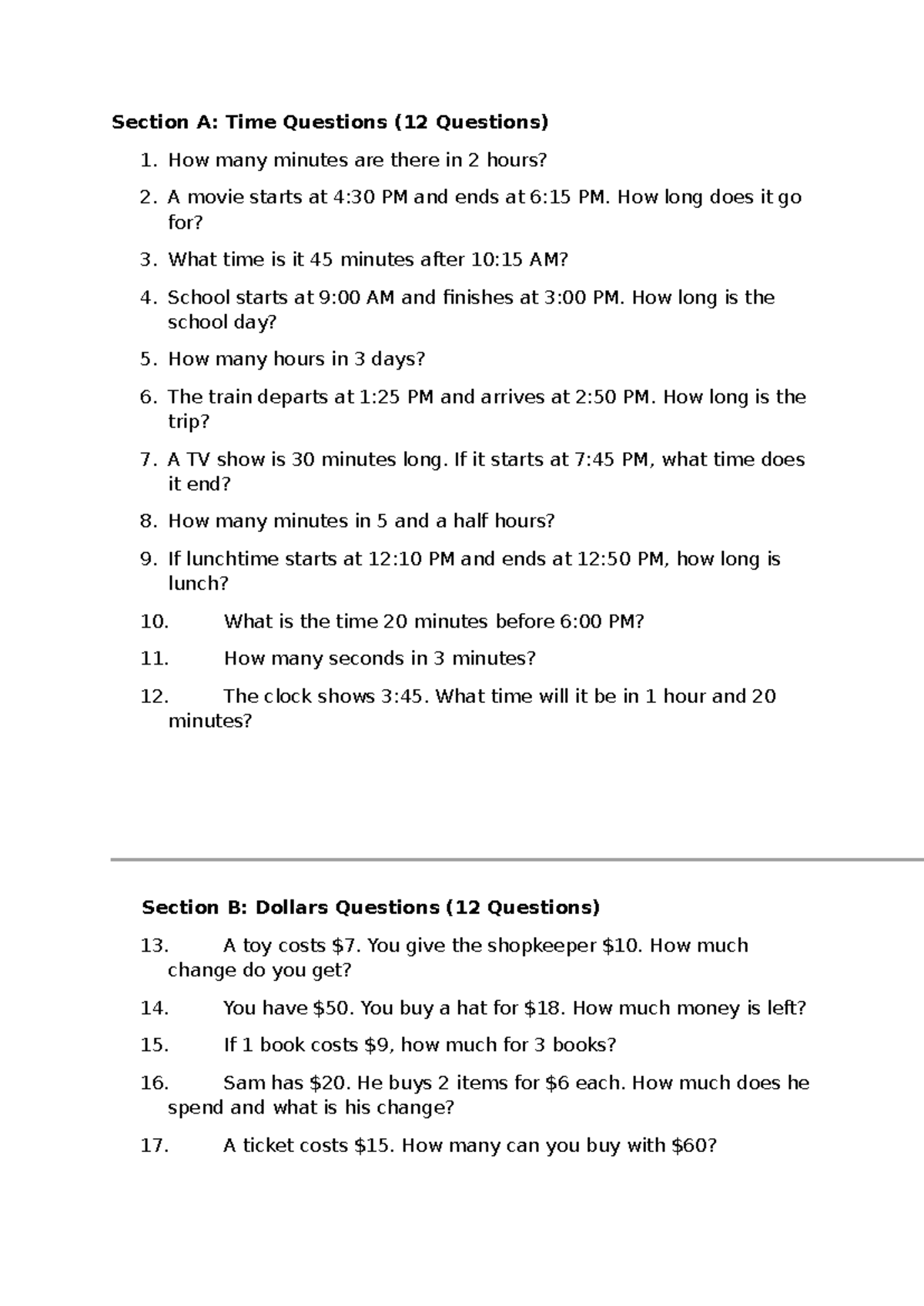 Maths Section A: Time & Dollars Questions (12 Each) - Studocu