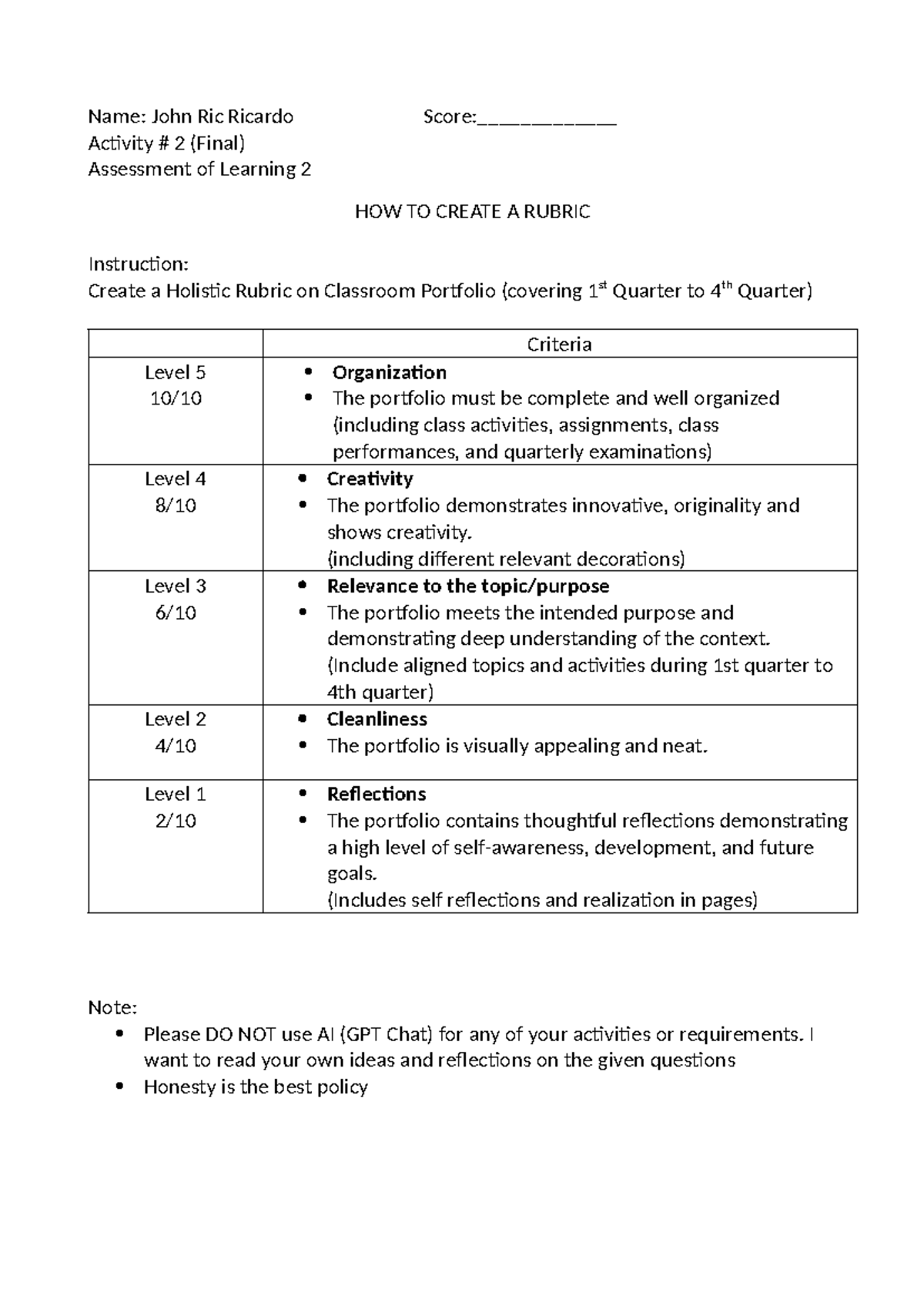 Assessment 2 Activity 2 (Final) - Name: John Ric Ricardo Score ...