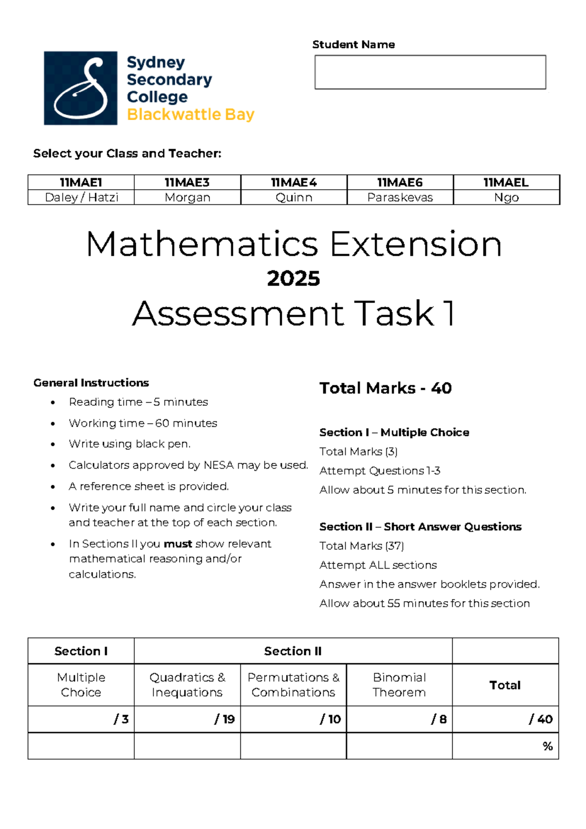 AT1 2025 Final - Mathematics Extension Assessment Task 1 - Studocu