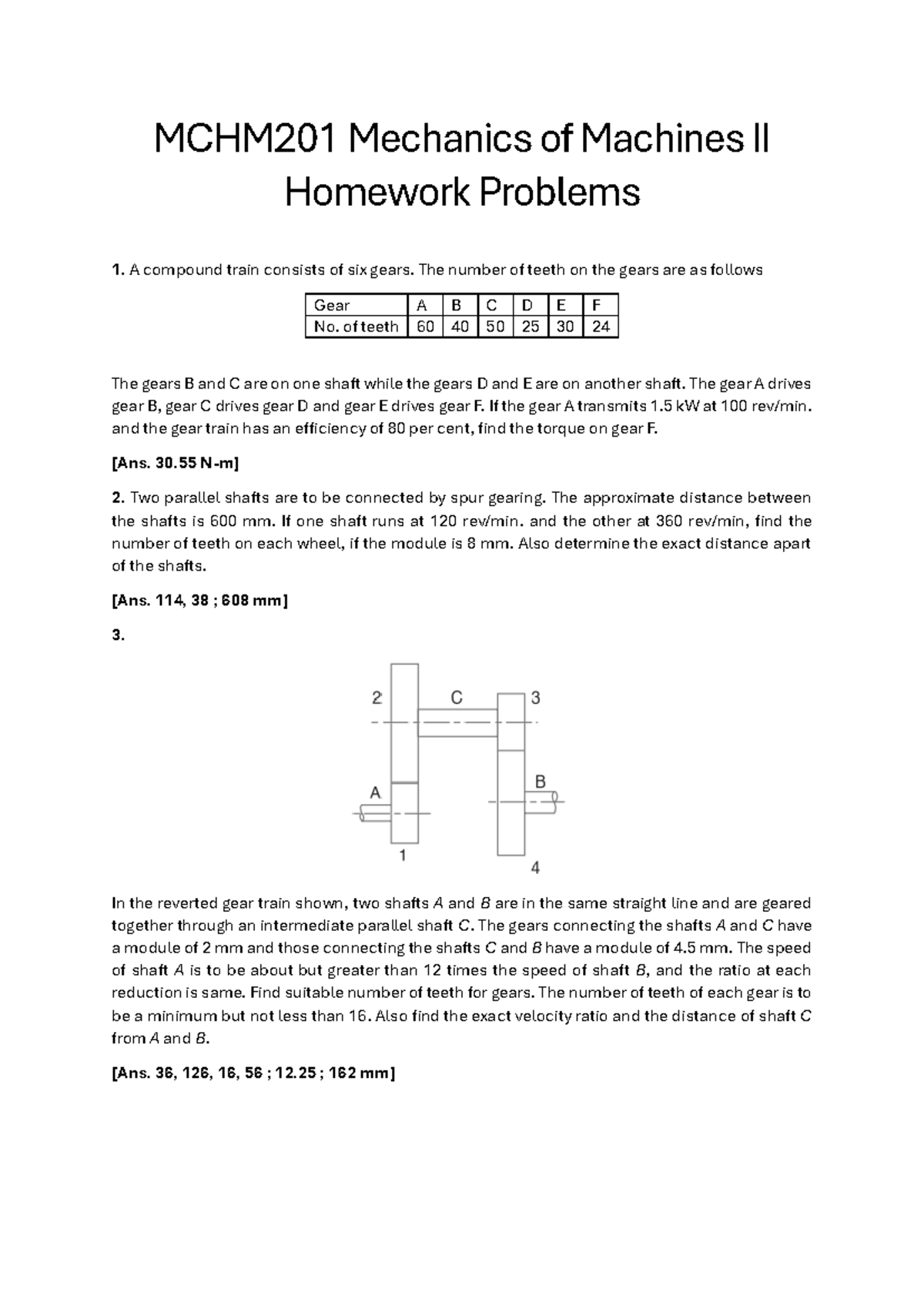 MCHM201 Mechanics of Machines II Homework Problems on Gears - Studocu